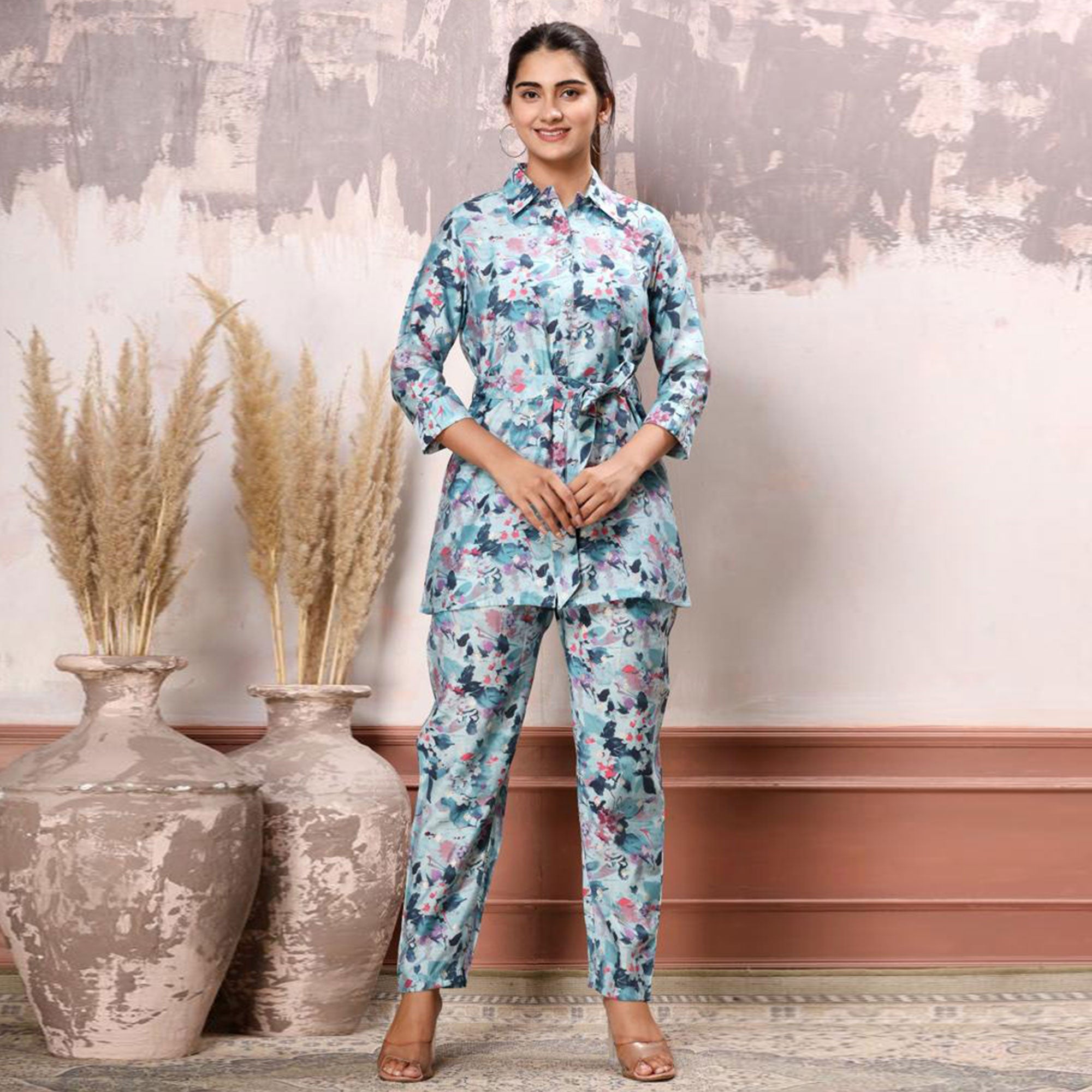 Peachmode Light Blue Floral Printed Cotton Silk Co Ord Set