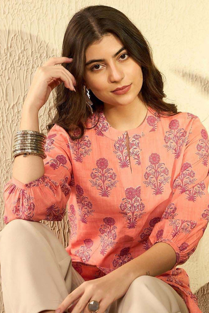 Ahika Orange Cotton Blend Floral Printed Regular Tunic VT1301
