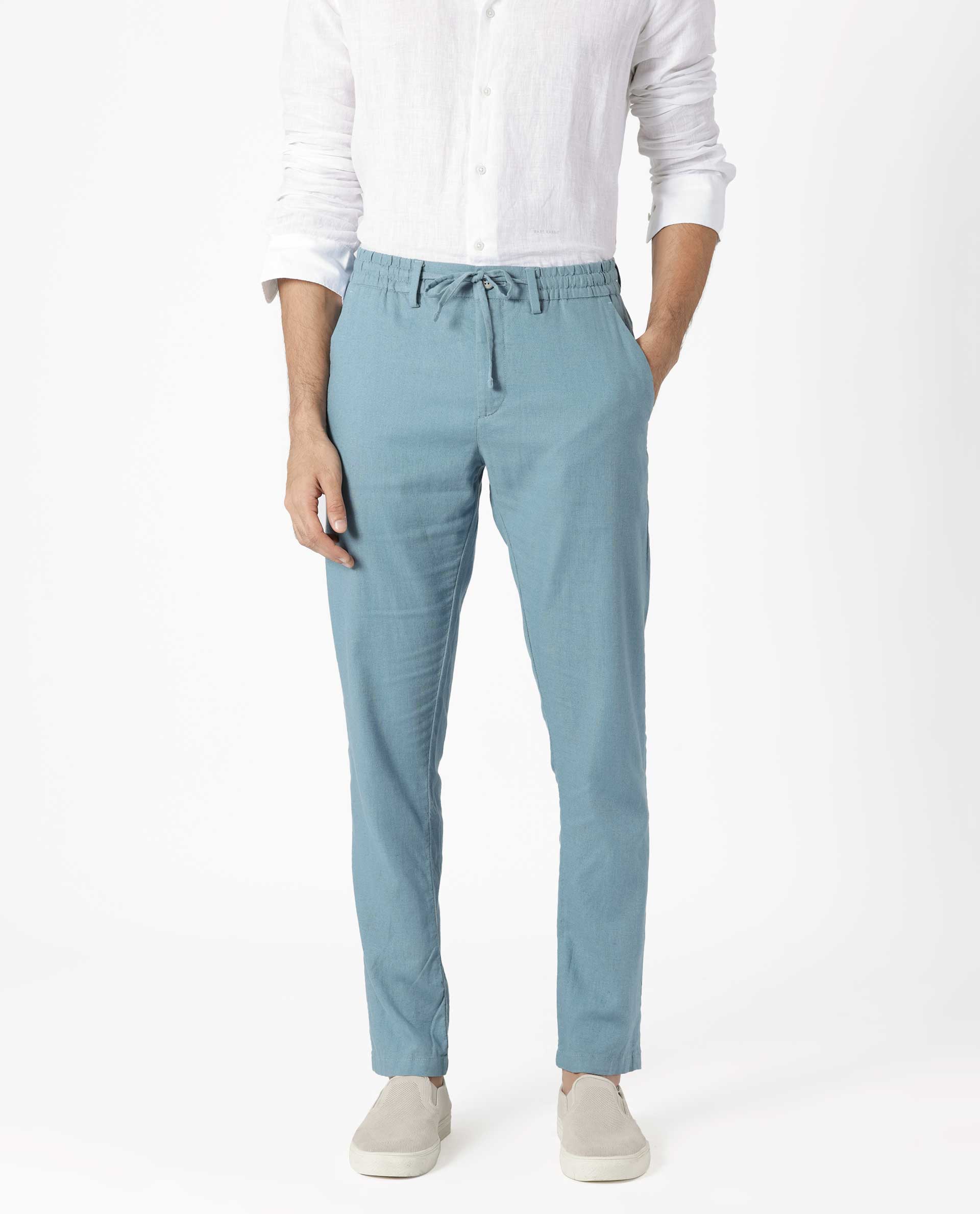 Rare Rabbit Men's Linac Dusky Blue Solid Drawstring With Elastic Waistband Regular Fit Linen Trouser