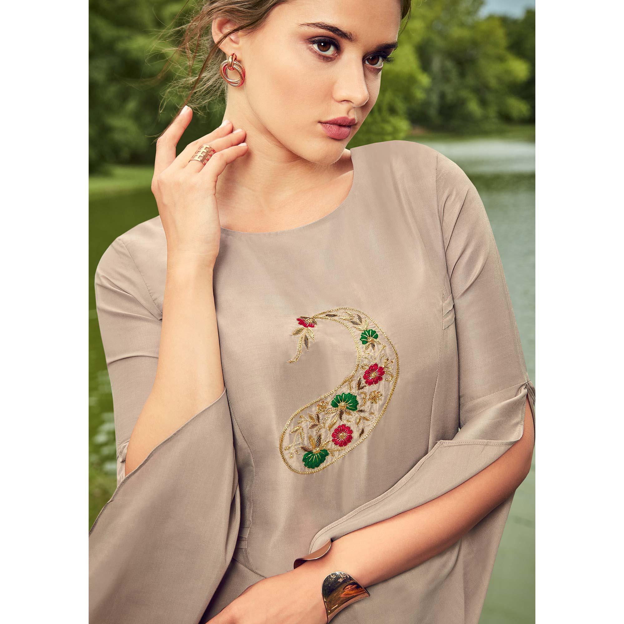 Peachmode Seller Impressive Light Grey Colored Partywear Hand Embroidered Muslin Silk Kurti-Palazzo Set - view 2