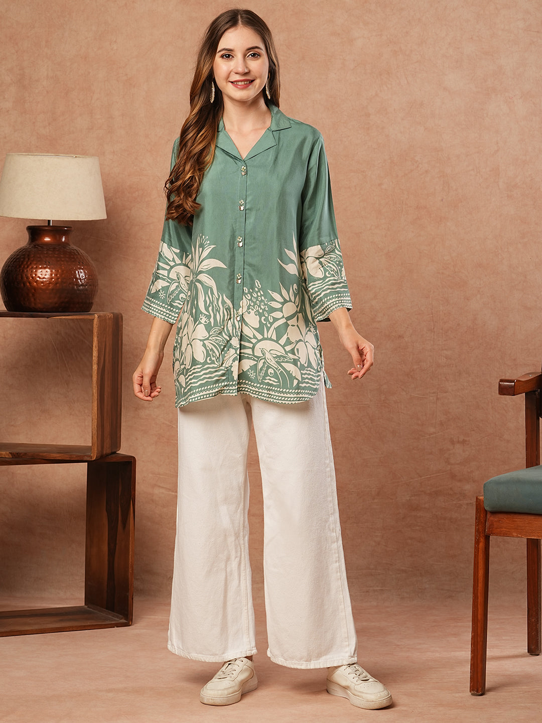 Fashor Abstract Floral Printed Straight Fit Kurti - Green