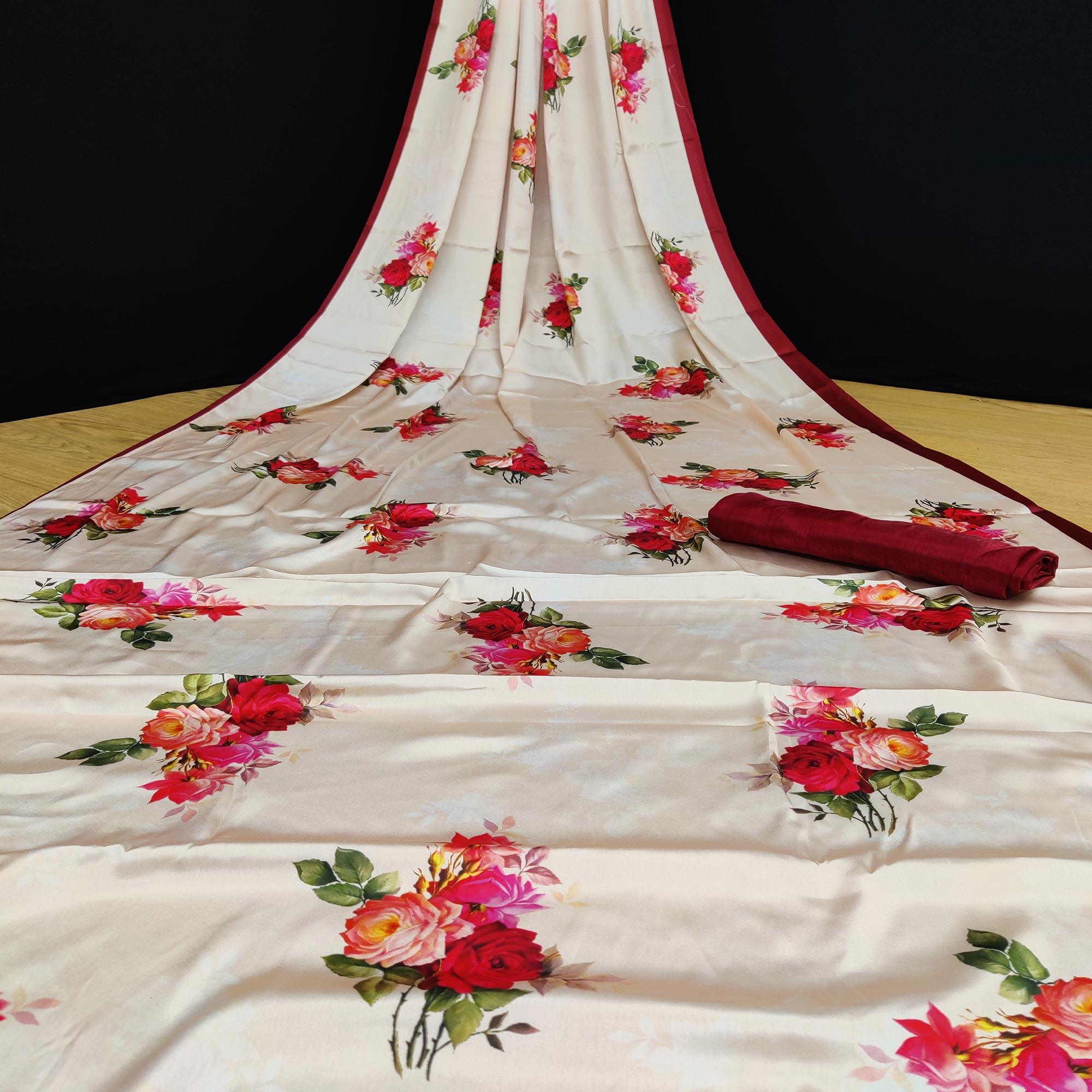 Peachmode Cream Casual Wear Floral Digital Printed Satin Saree