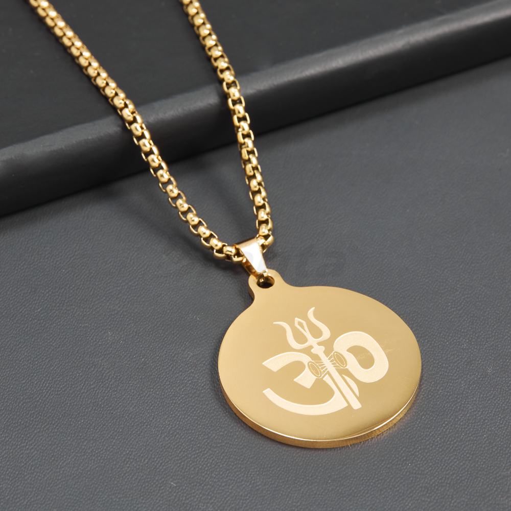 Branta Om Trishul Pendant Gold Stainless Steel Necklace Chain For Men (24 Inch) - view 2