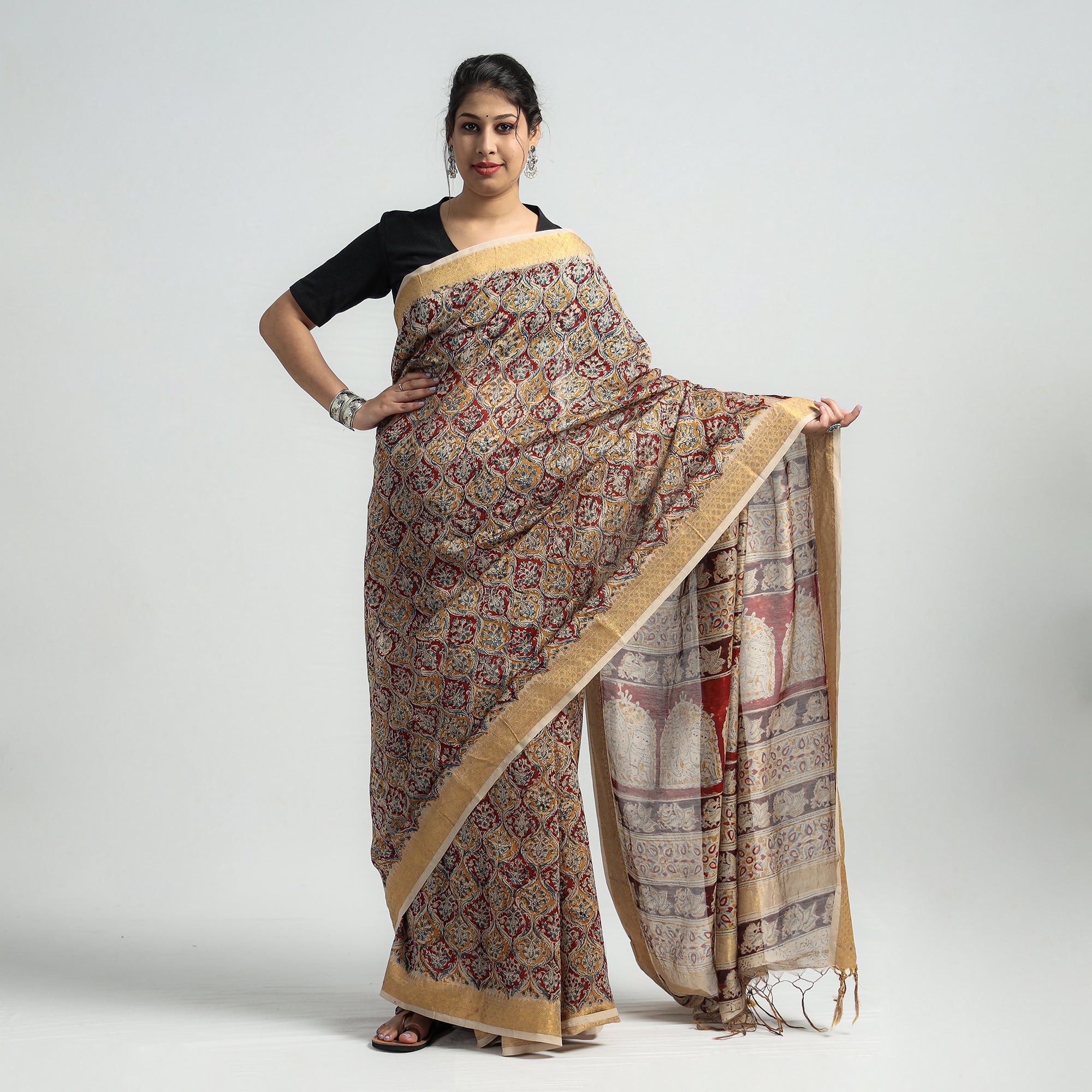 VENKATA BHANU KALAMKARI PEDANA Brown - Original Pedana Kalamkari Block Print Silk Saree - view 2
