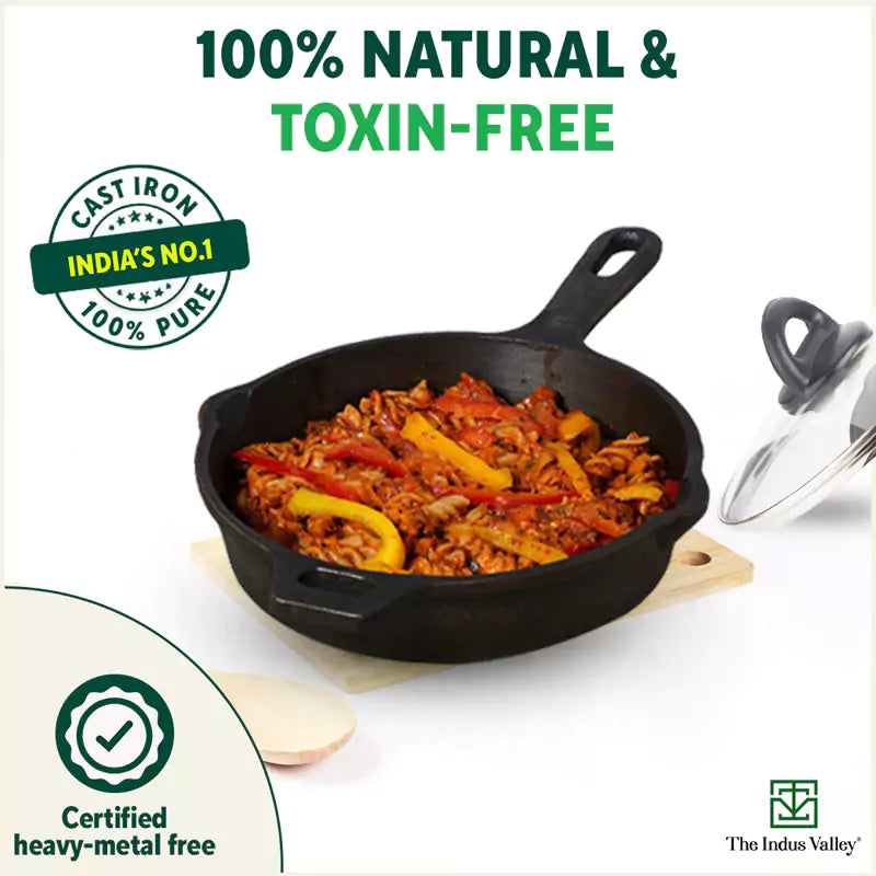 The Indus Valley Super Smooth Cast Iron Fry Pan, Glass Lid, 100% Pure, Toxin-free, Pre-seasoned, Induction, Non-stick, 20.3/25.4cm, 1.3/1.7L, 2.3/2.4k - view 5