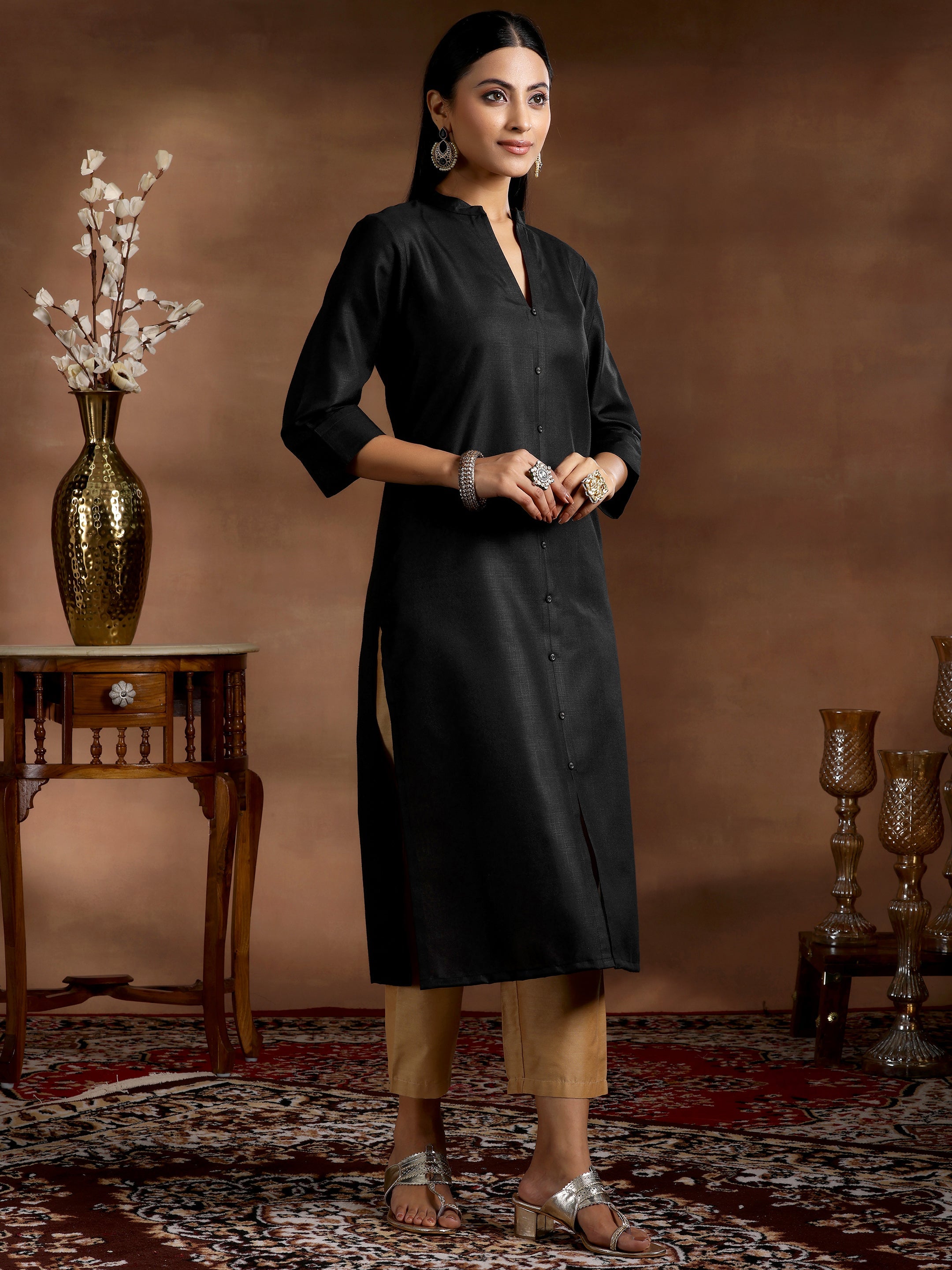 Libas Black Solid Silk Straight Kurta - view 2