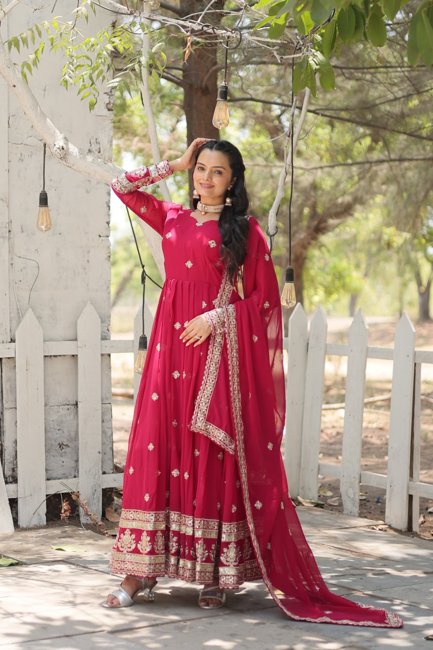 ClothsVilla Pink Faux Blooming Gown with Sequins Embroidery and Dupatta