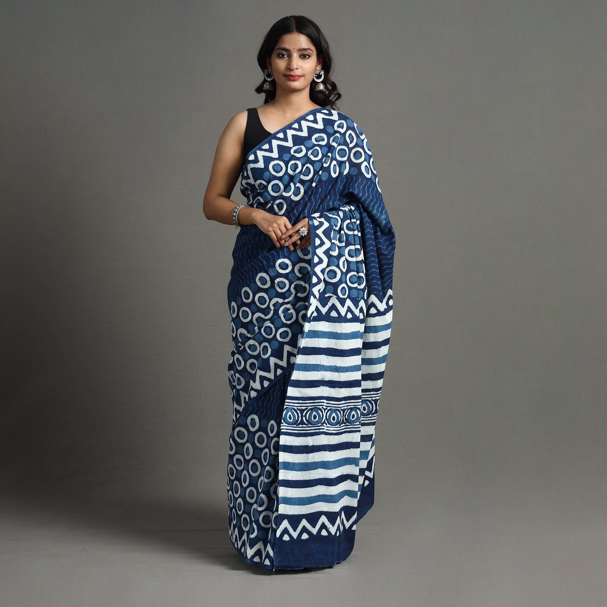 ARTISAN HAND BLOCK PRINTS Blue - Bagru Dabu Block Printed Mul Cotton Saree