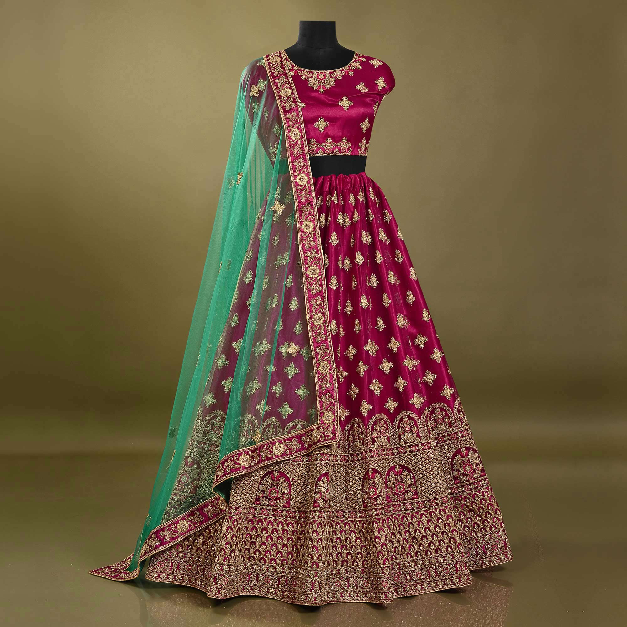Peachmode Magenta Pink Floral Embroidered Net Lehenga Choli