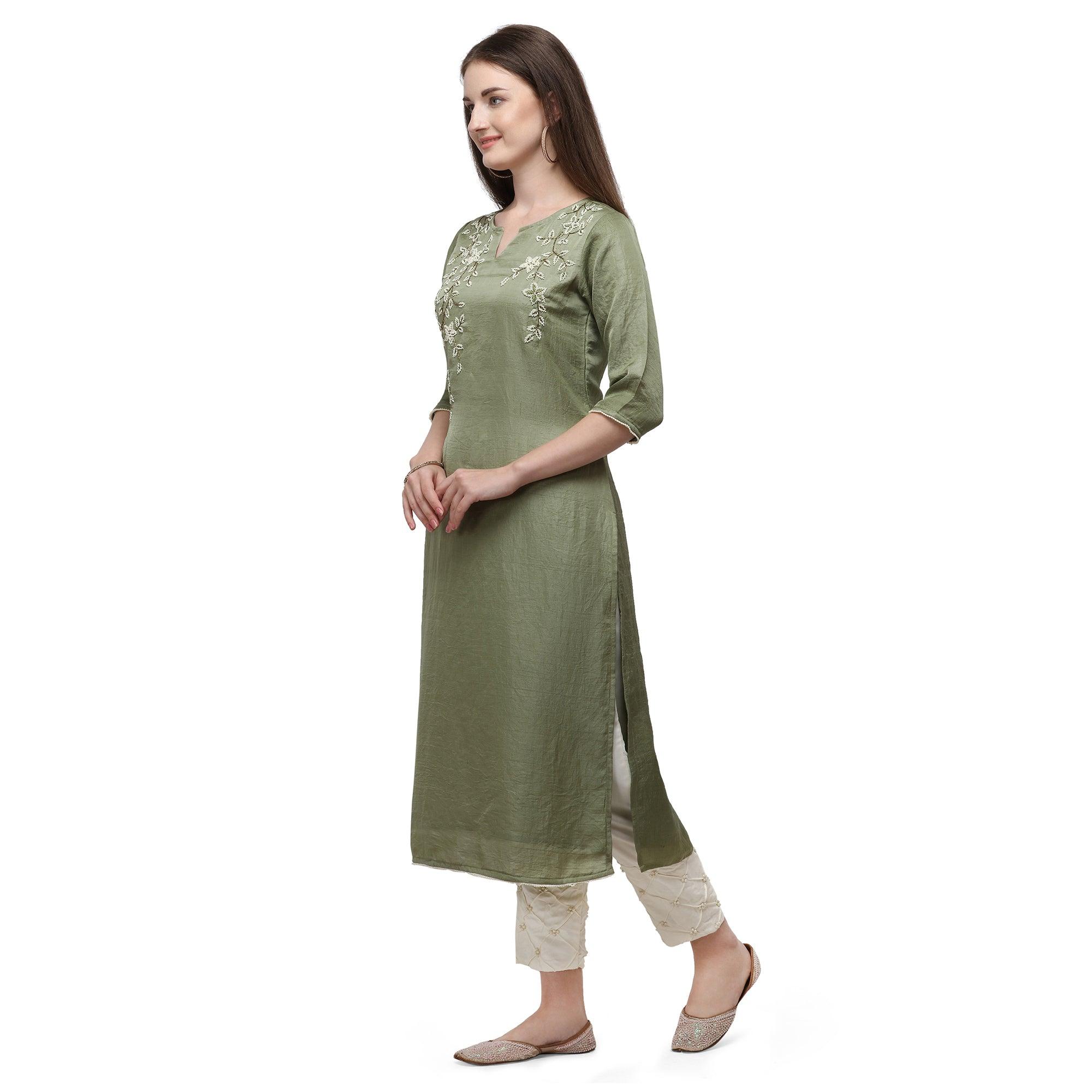 BlackTree green-floral-pearl-embroidered-silk-partywear-suit-126174 - view 2