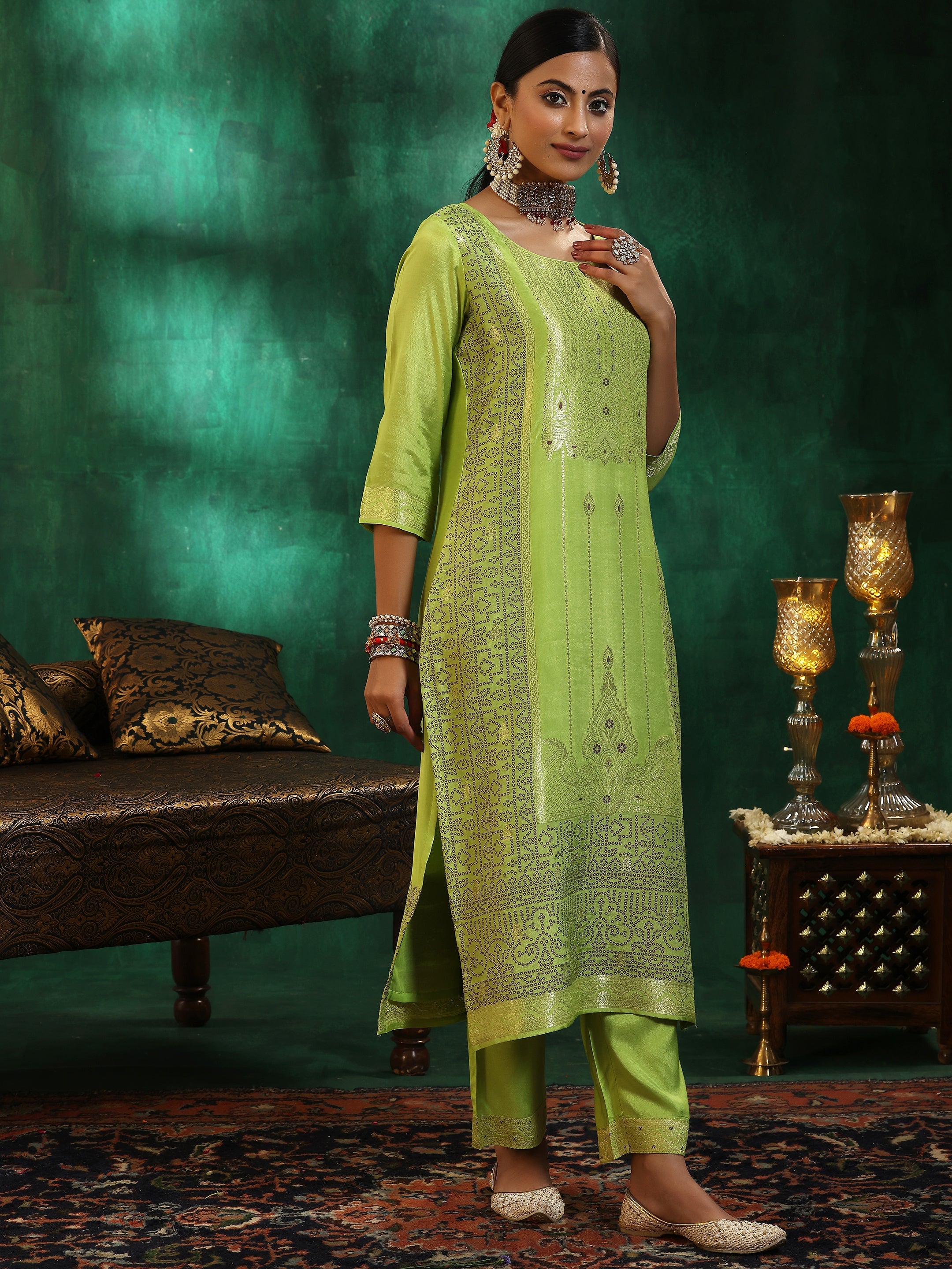 Libas Green Woven Design Silk Blend Straight Suit With Dupatta - view 2
