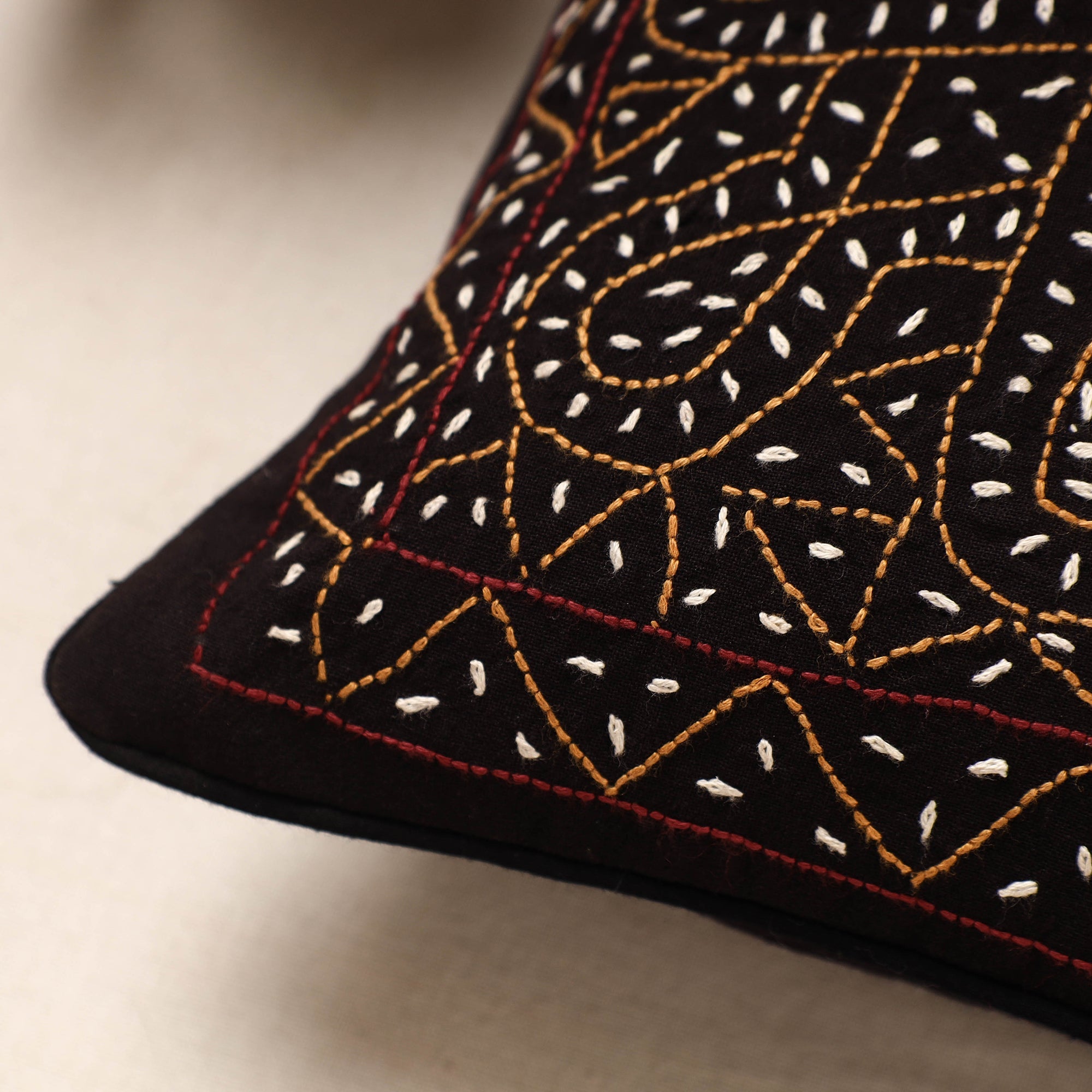 Black - Kala Raksha Rabari Bakhiya Hand Embroidery Cotton Cushion Cover (12 x 12 in) - view 2