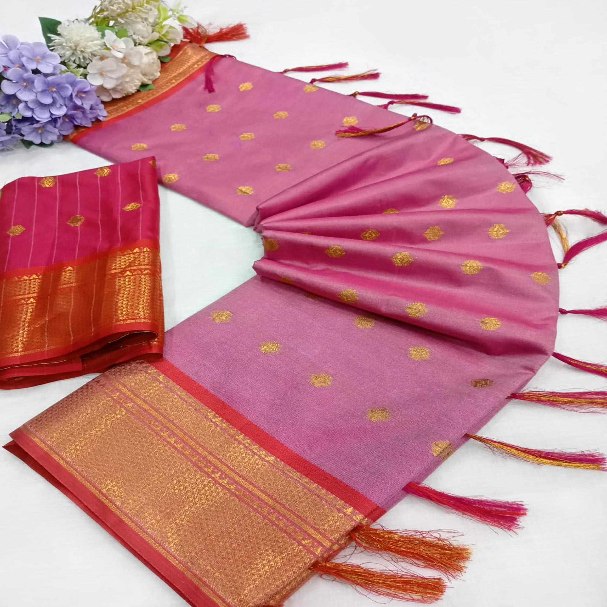Peachmode Pink Zari Woven Lichi Art Silk Saree With Tassels - view 3