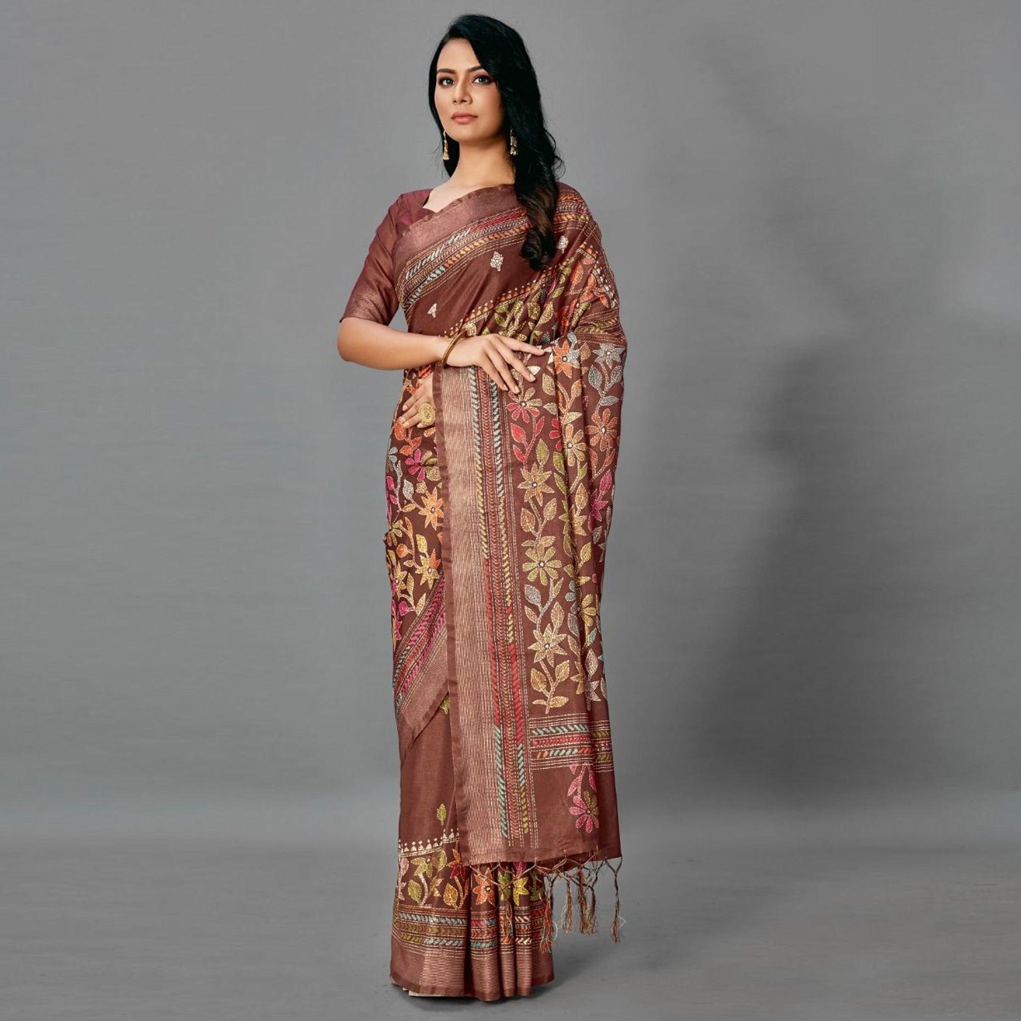 Peachmode Brown Casual Art Silk Printed Saree With Unstitched Blouse - view 2