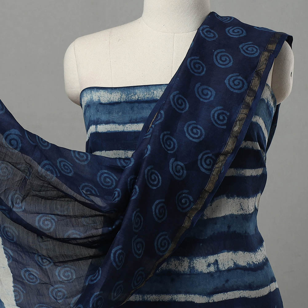 ARTISAN HAND BLOCK PRINTS Blue - 3pc Chanderi Silk Indigo Bagru Print Dress Material 01 - view 3