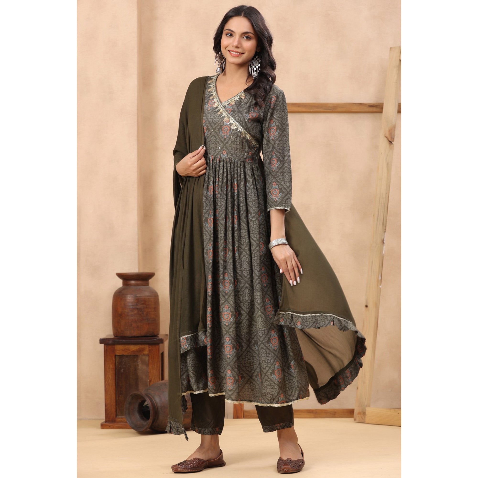 BlackTree grey-printed-with-sequins-work-muslin-anarkali-suit - view 4