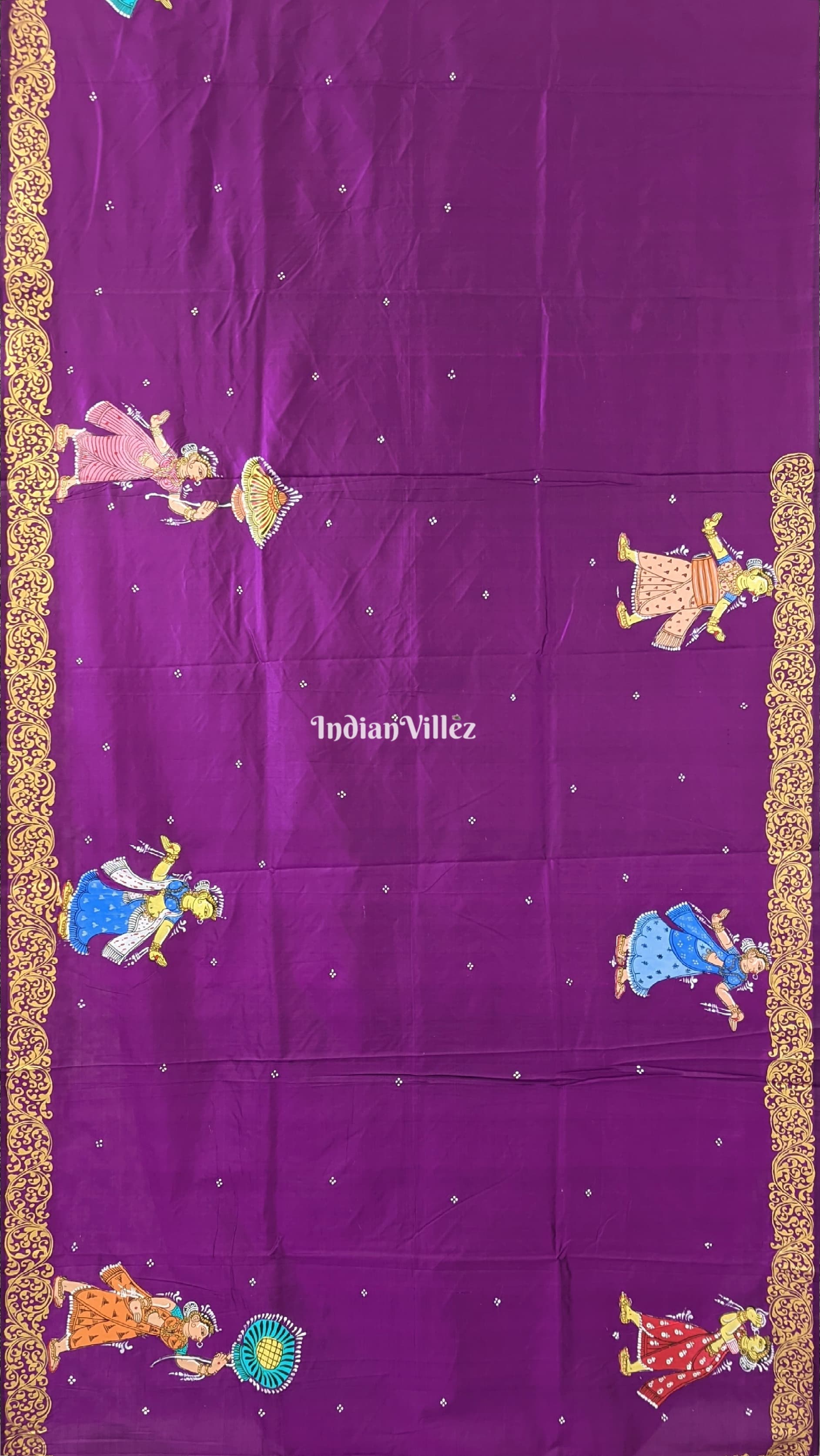 IndianVillèz Deep Violet Krishna Rasa Leela Hand-Painted Pattachitra Saree - view 3