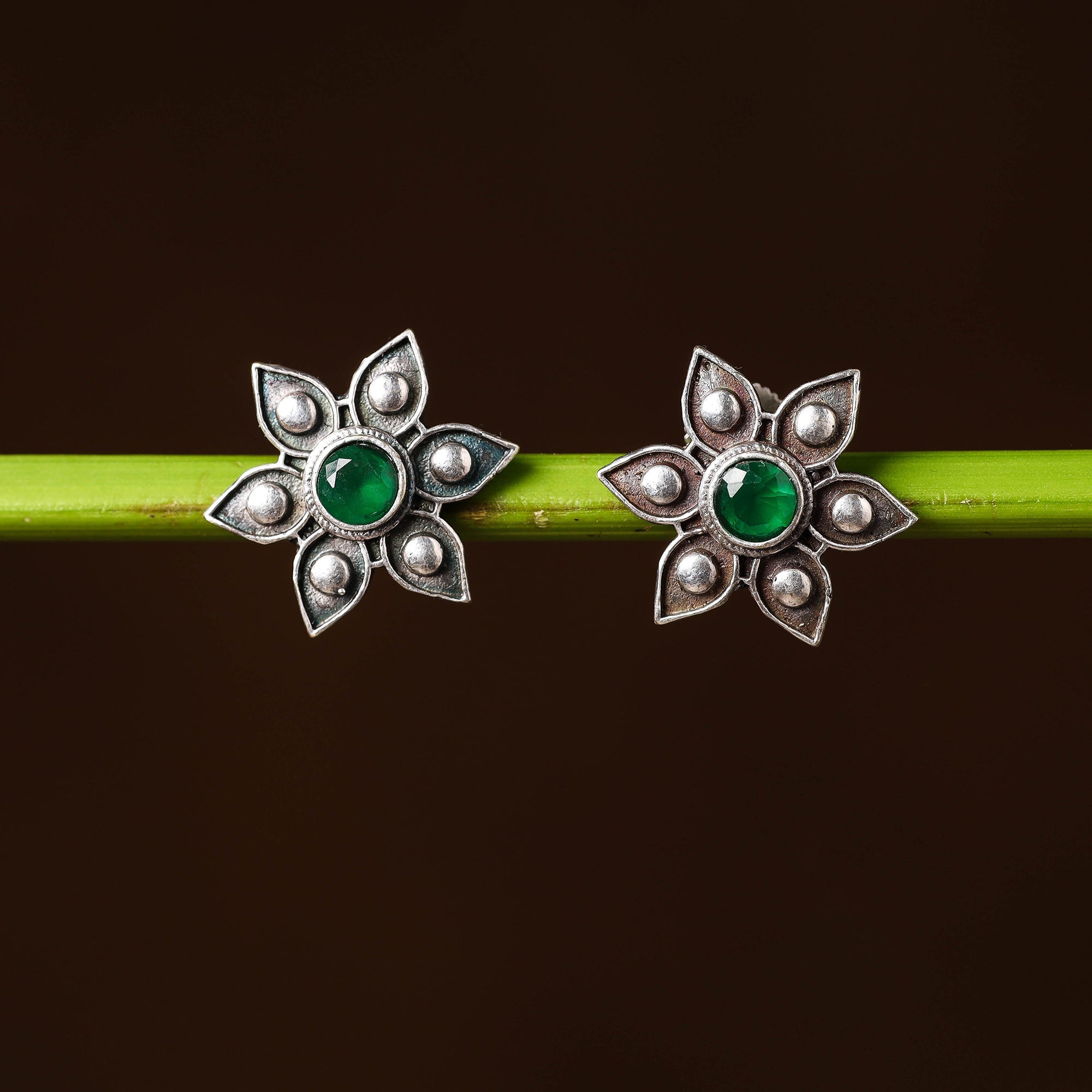 WHITE RIVER STORIES Antique Silver Finish Oxidised Brass Base Stone Work Stud Earrings