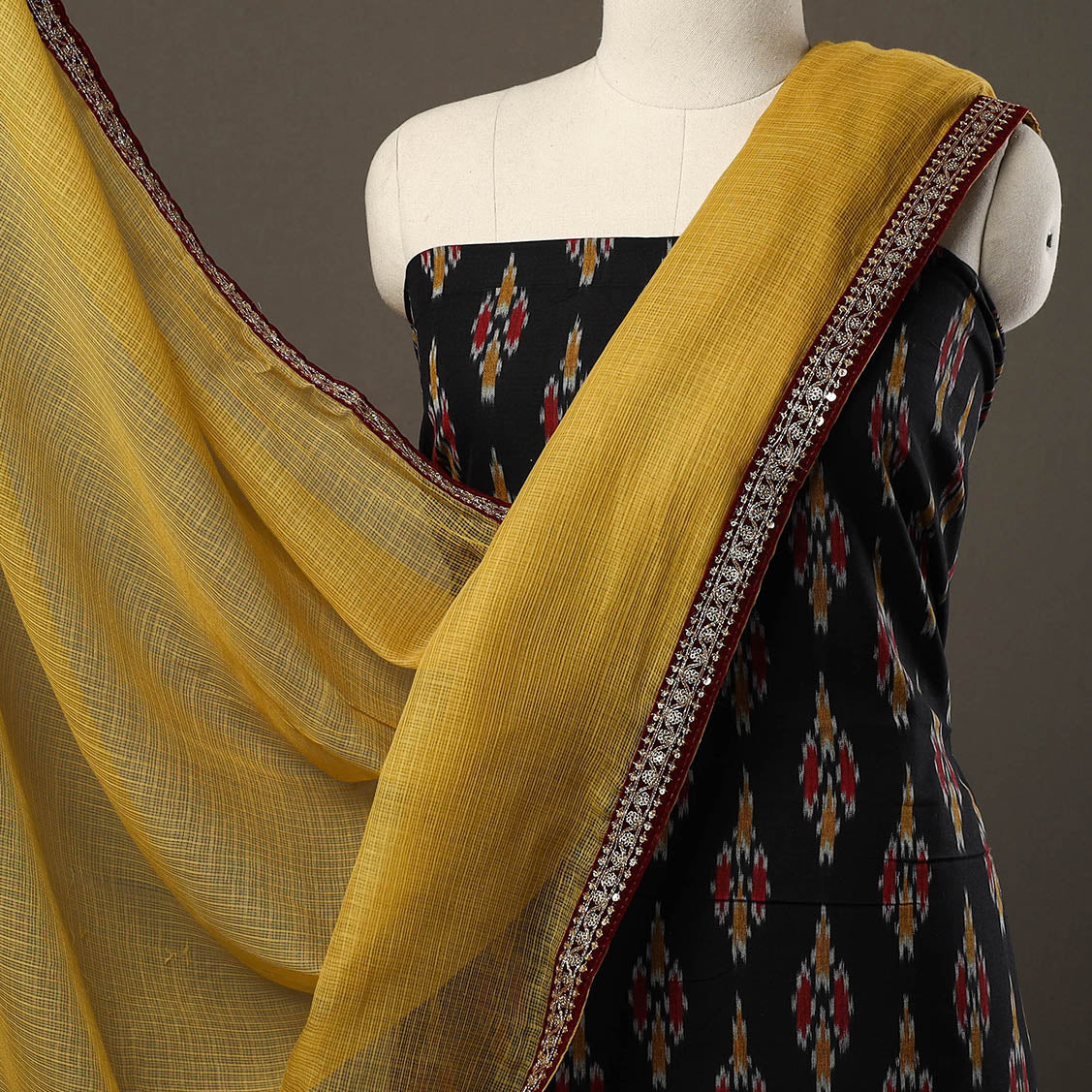 NOORI BAZAR Black - 3pc Cotton Pochampally Ikat Kurta with Plain Dupatta 10 - view 3