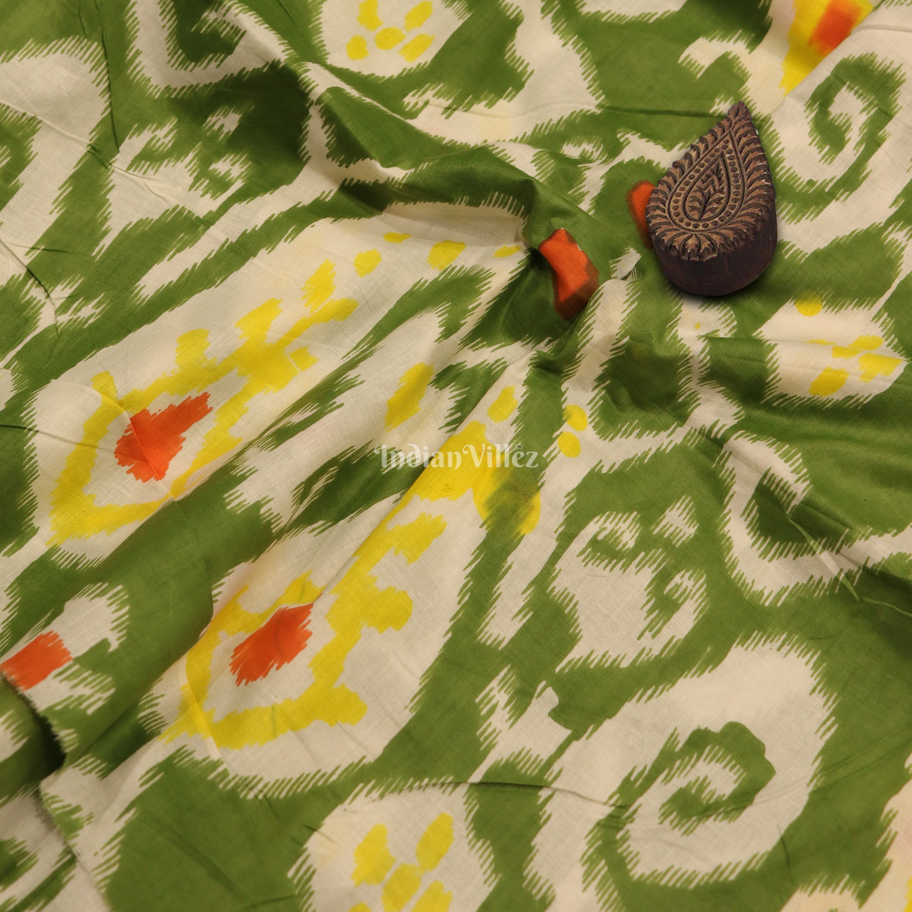 IndianVillèz Green White Hand Block Printed Cotton Fabric