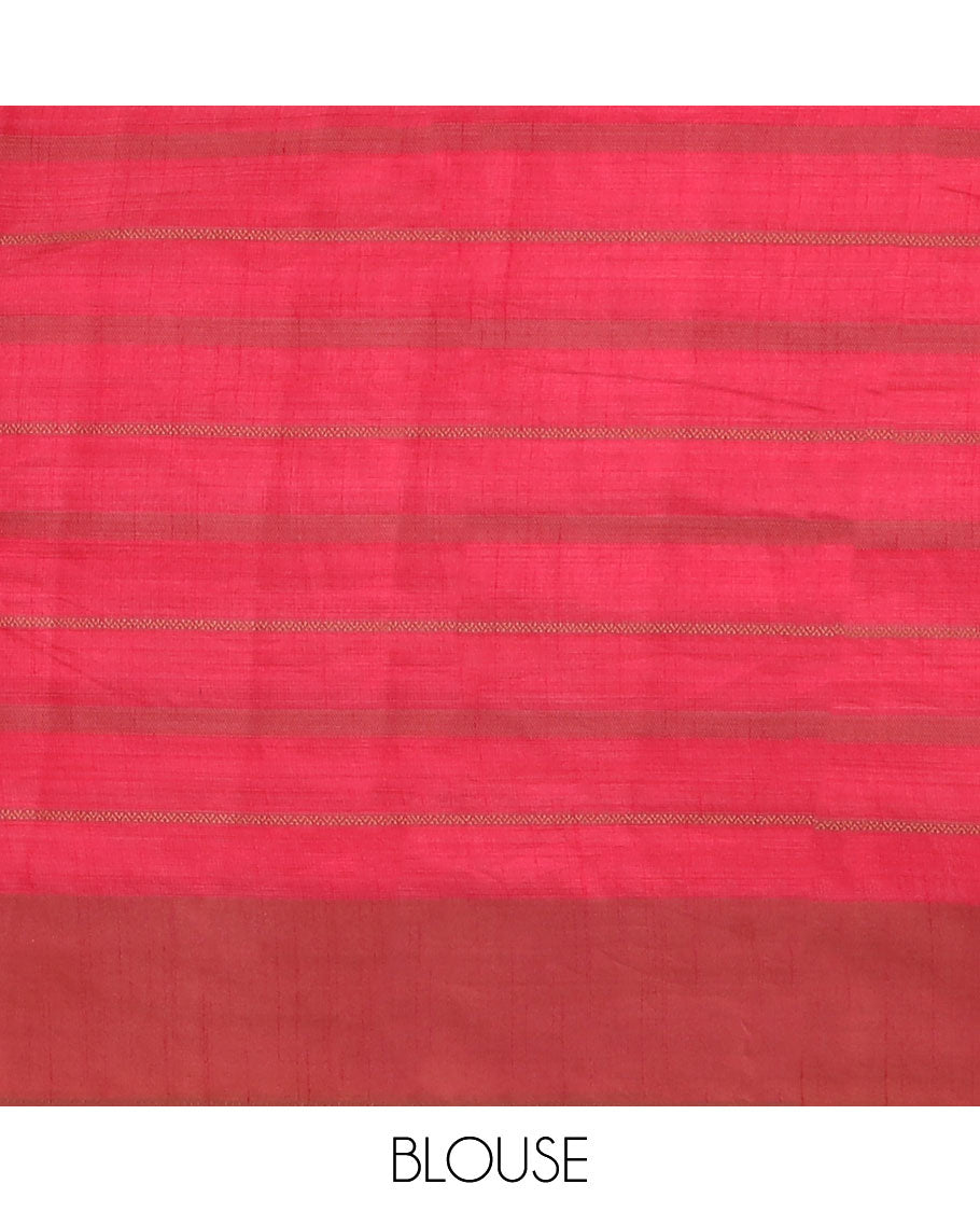 Pothys Red striped semi-banaras tussar saree with contrast border & checked pallu - view 2