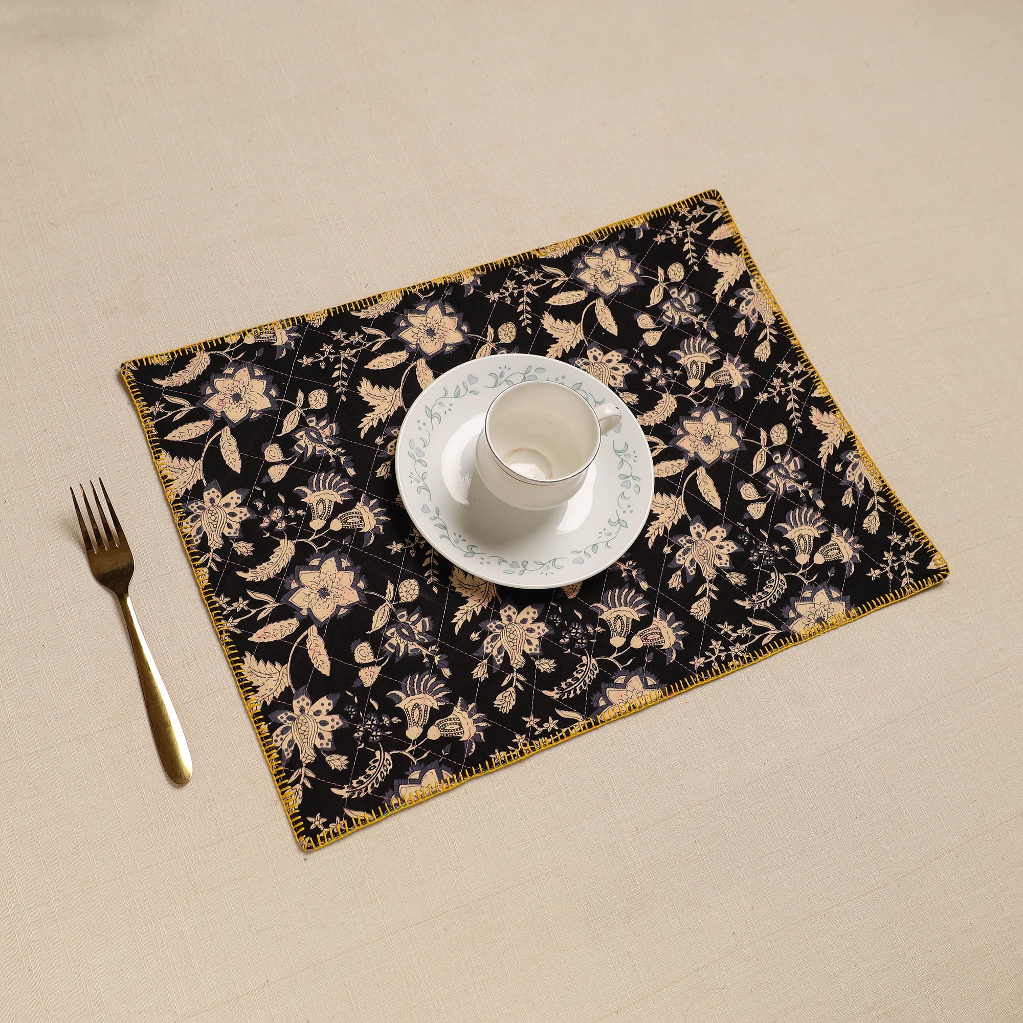 NOORI BAZAR Black - Hand Embroidered Floral Cotton Reversible Table Mat 55