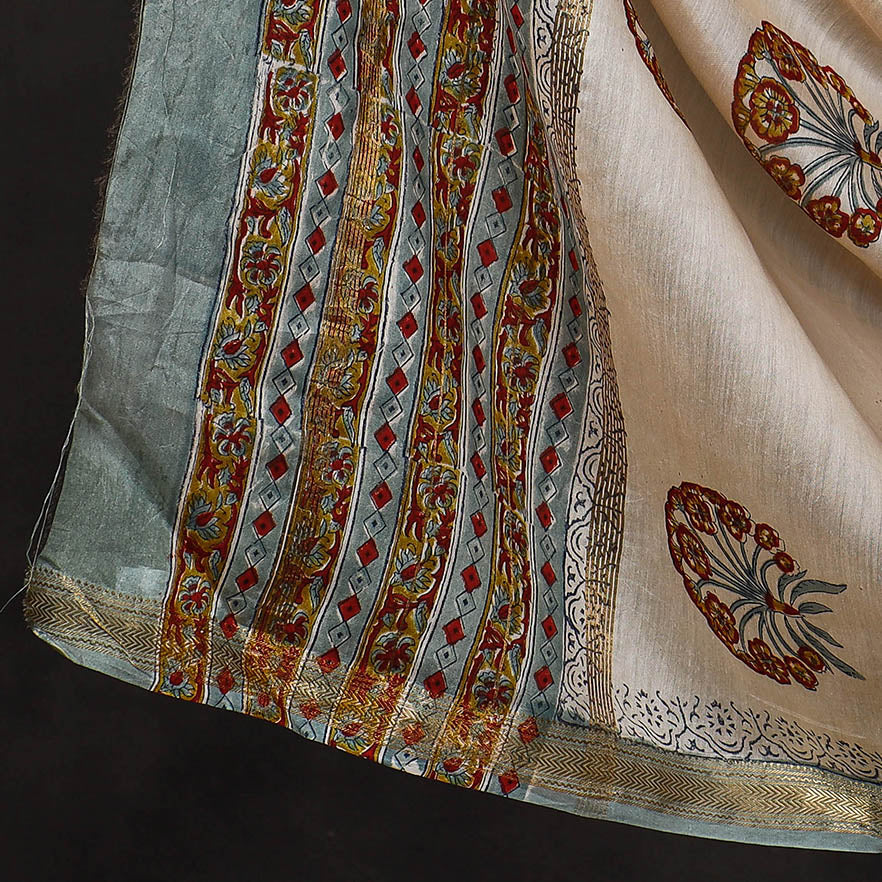 ARTISAN HAND BLOCK PRINTS 3pc Sanganeri Block Printed Maheshwari Silk Suit Material Set - view 4