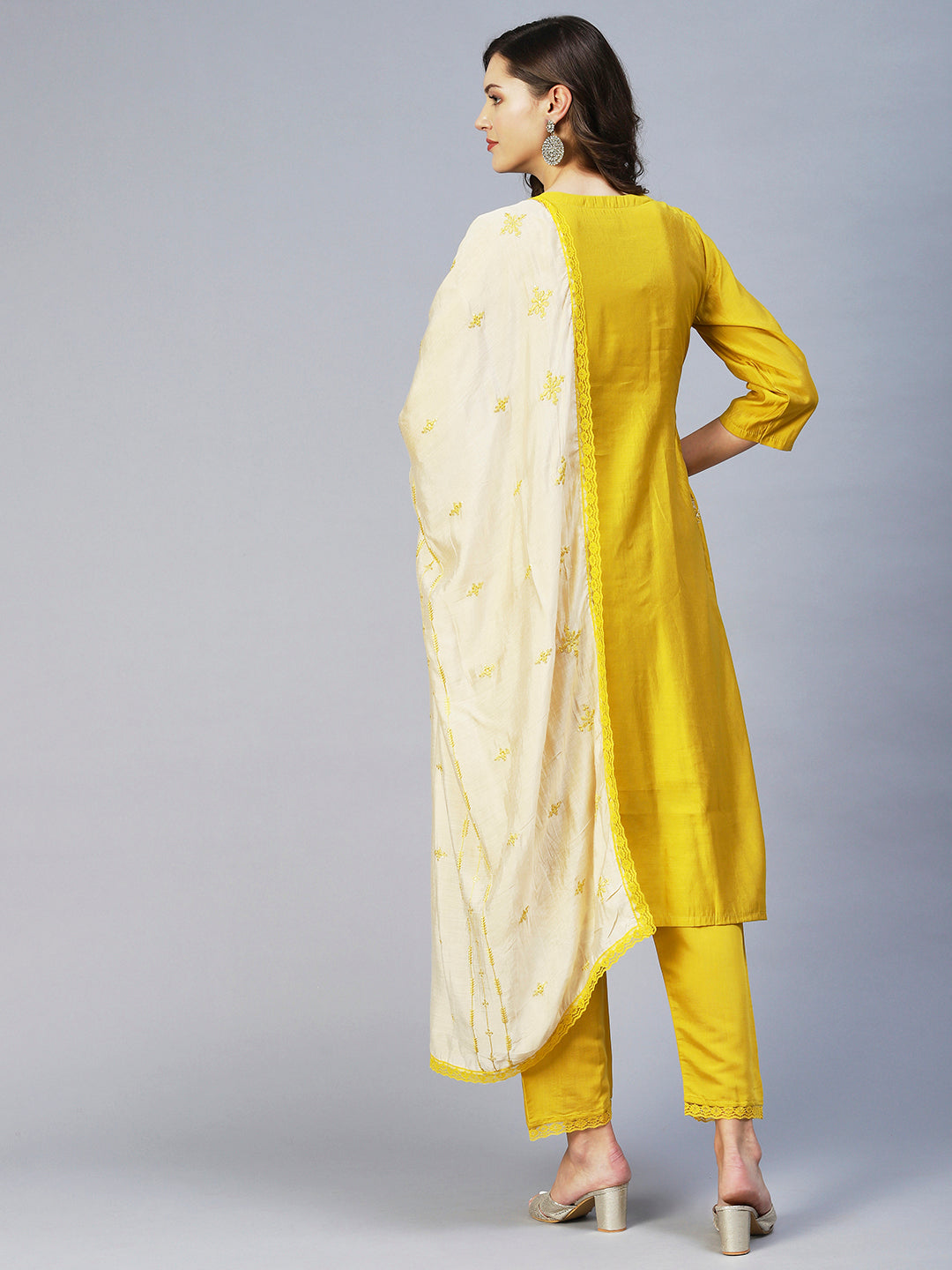 Fashor Ethnic Embroidered A-Line Kurta with Pant & Dupatta - Yellow - view 15