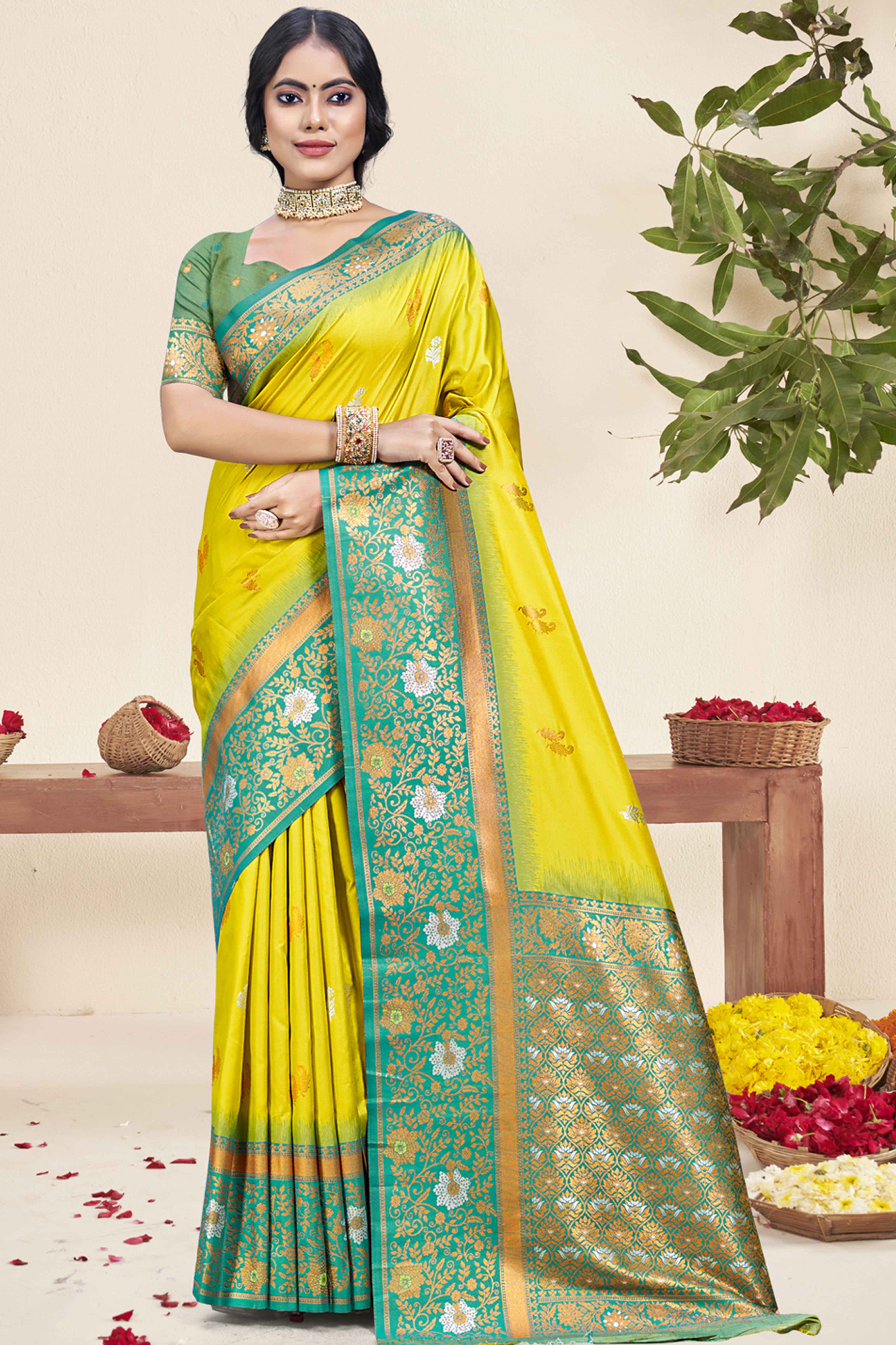 Peachmode Lemon Yellow Floral Woven Banarasi Silk Saree