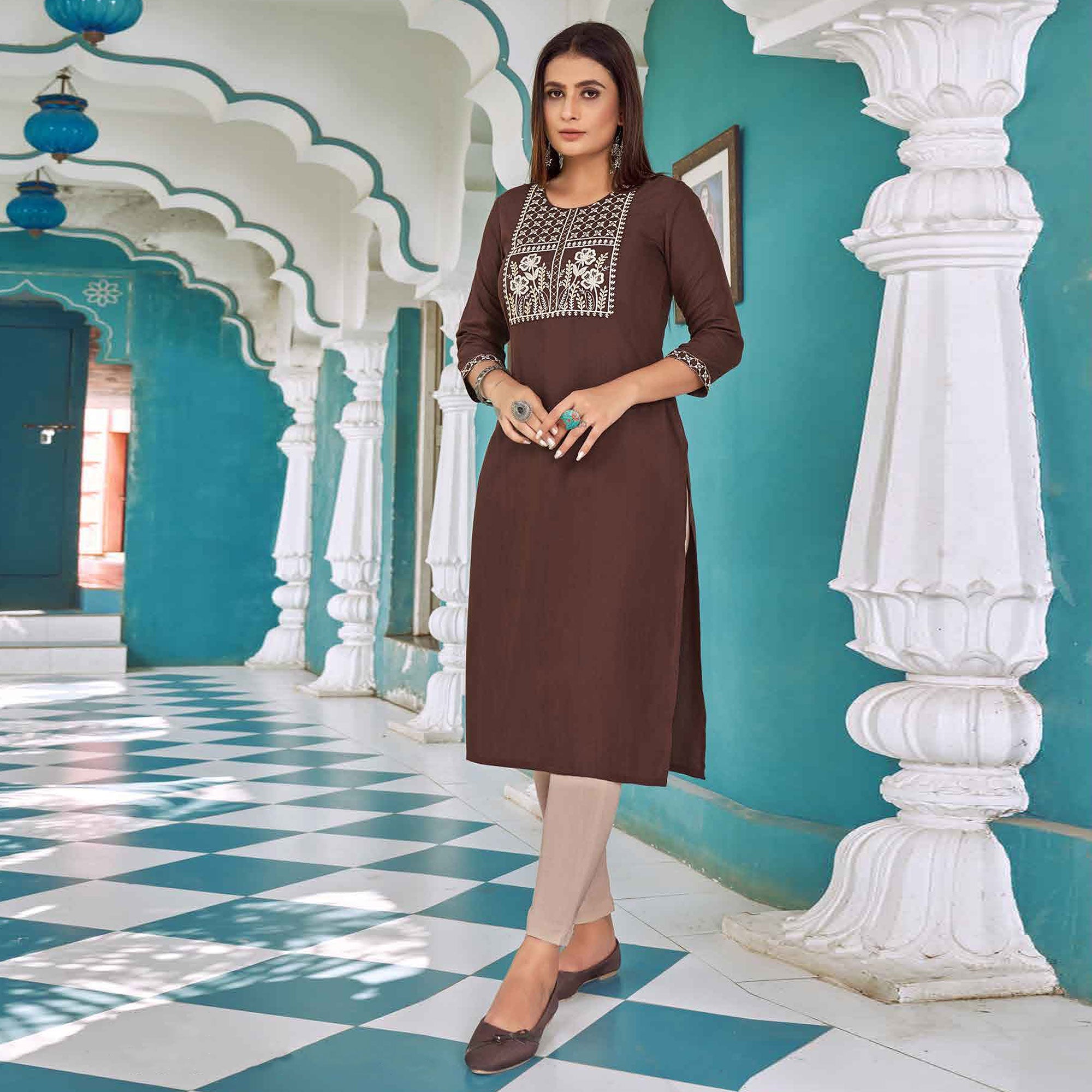 Peachmode Seller Brown Floral Embroidered Rayon Kurti - view 2