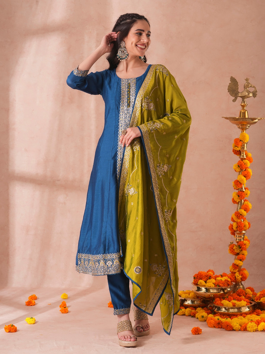 FASHOR Solid Ethnic Sequin Embroidered Anarkali Kurta with Pant and Dupatta - Teal Blue - view 3