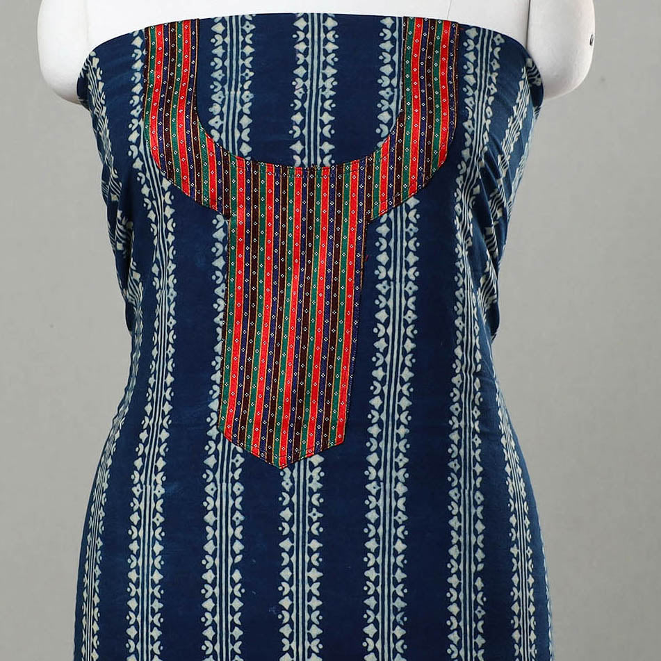 NOORI BAZAR Blue - Ajrakh Print Cotton Kurta Material with Patchwork (3m) 10 - view 3