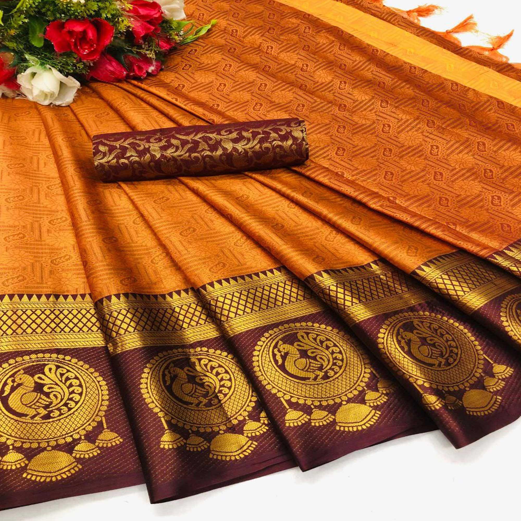 Peachmode Engrossing Orange Coloured Casual Wear Printed Self Cotton Silk Saree