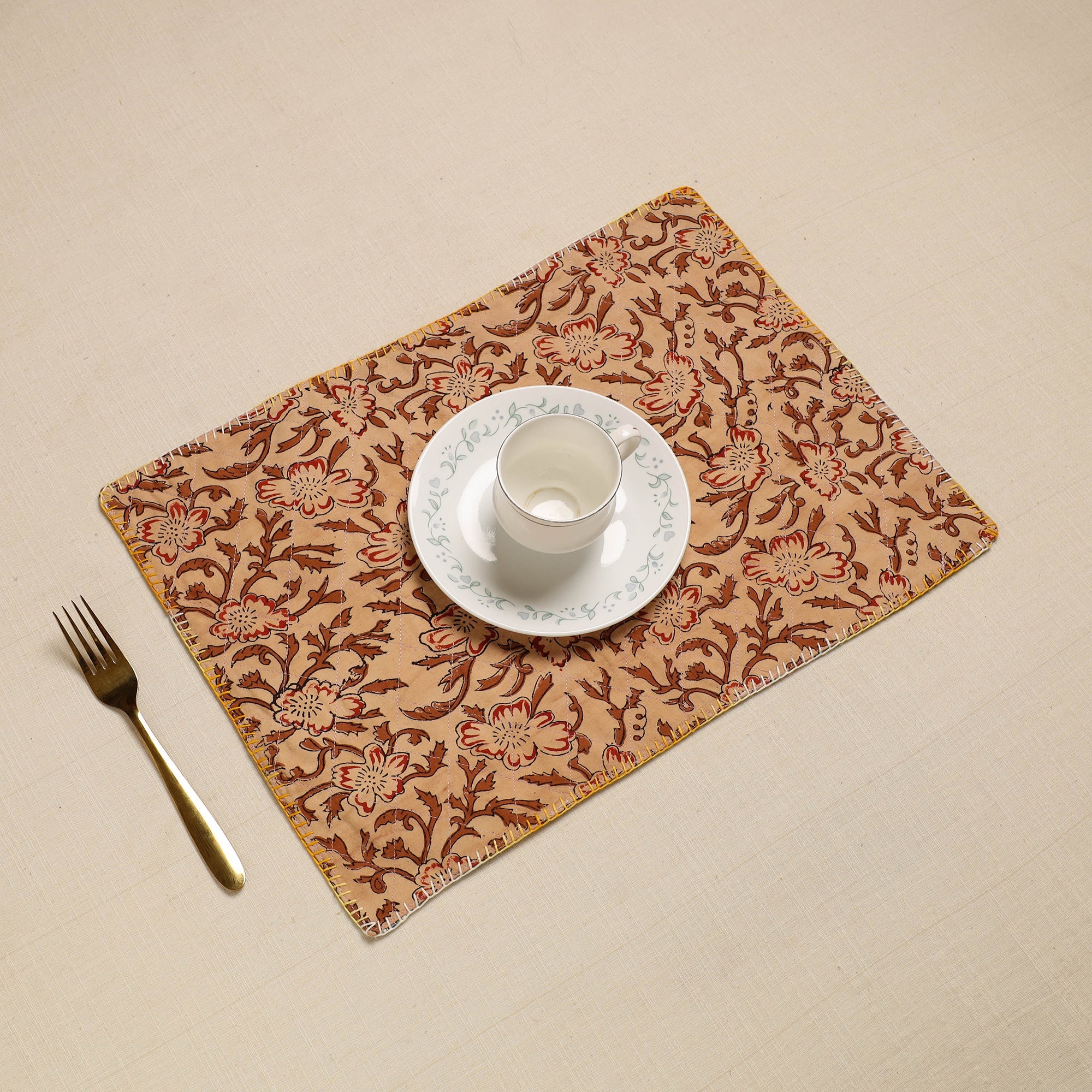 NOORI BAZAR Brown - Hand Embroidered Floral Cotton Reversible Table Mat 09