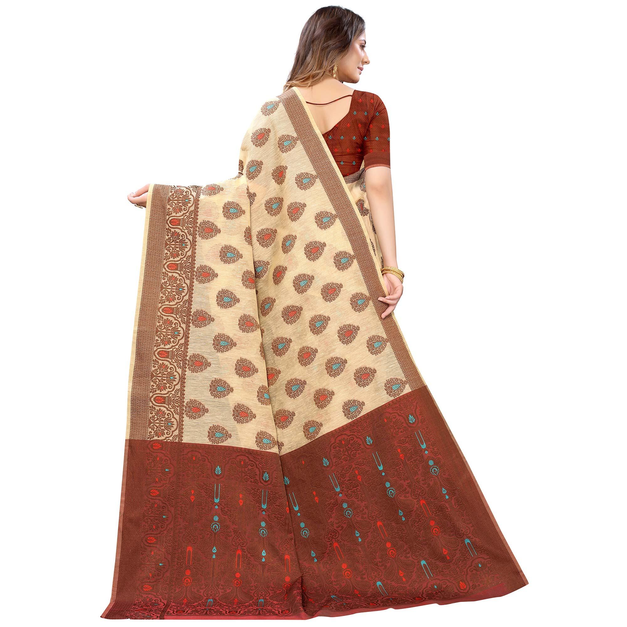 Peachmode Chikoo Festive Wear Woven With Meena Butta Rich Pallu Cotton Saree - view 4