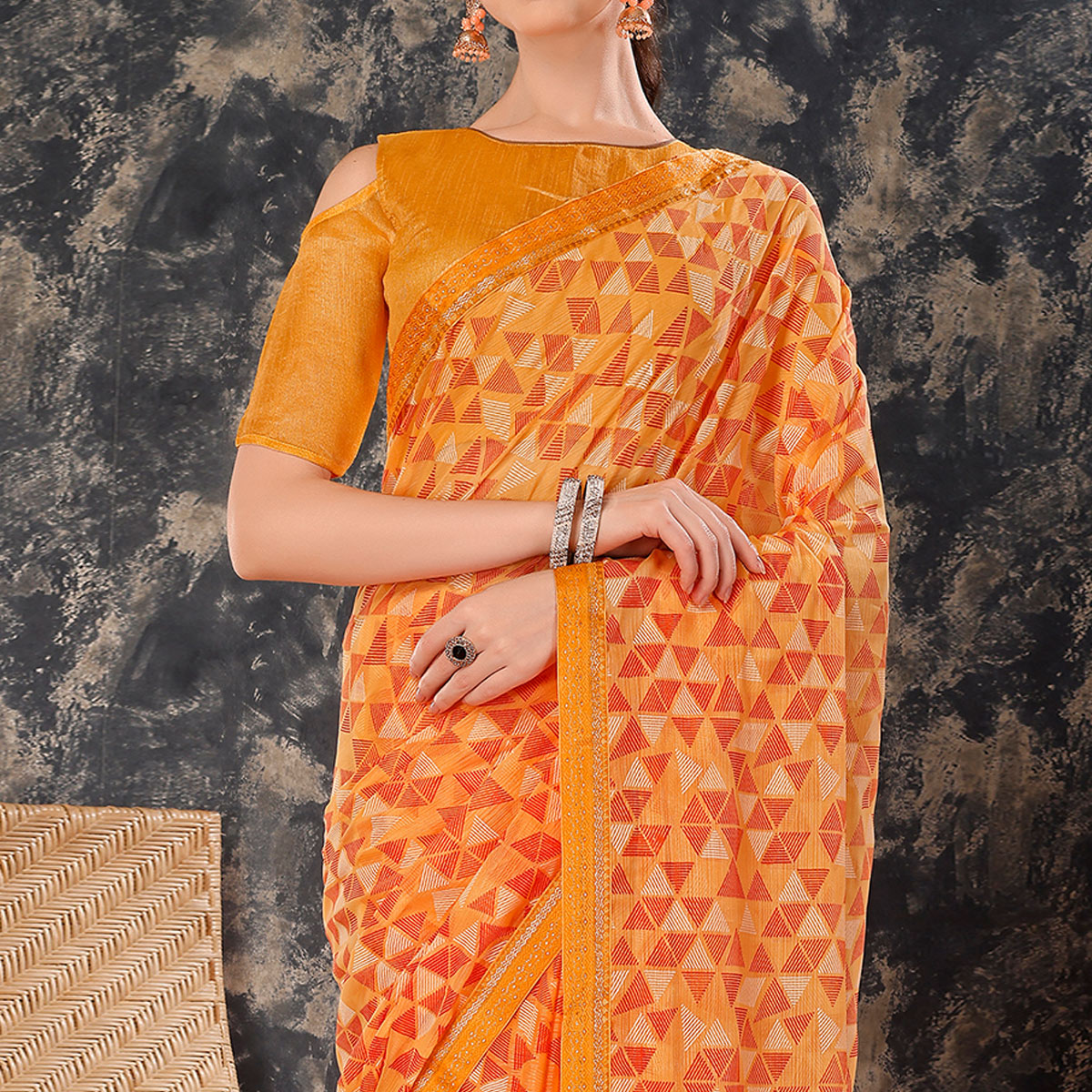 Peachmode Light Orange Geometric Printed Chiffon Saree With Lace Border - view 3