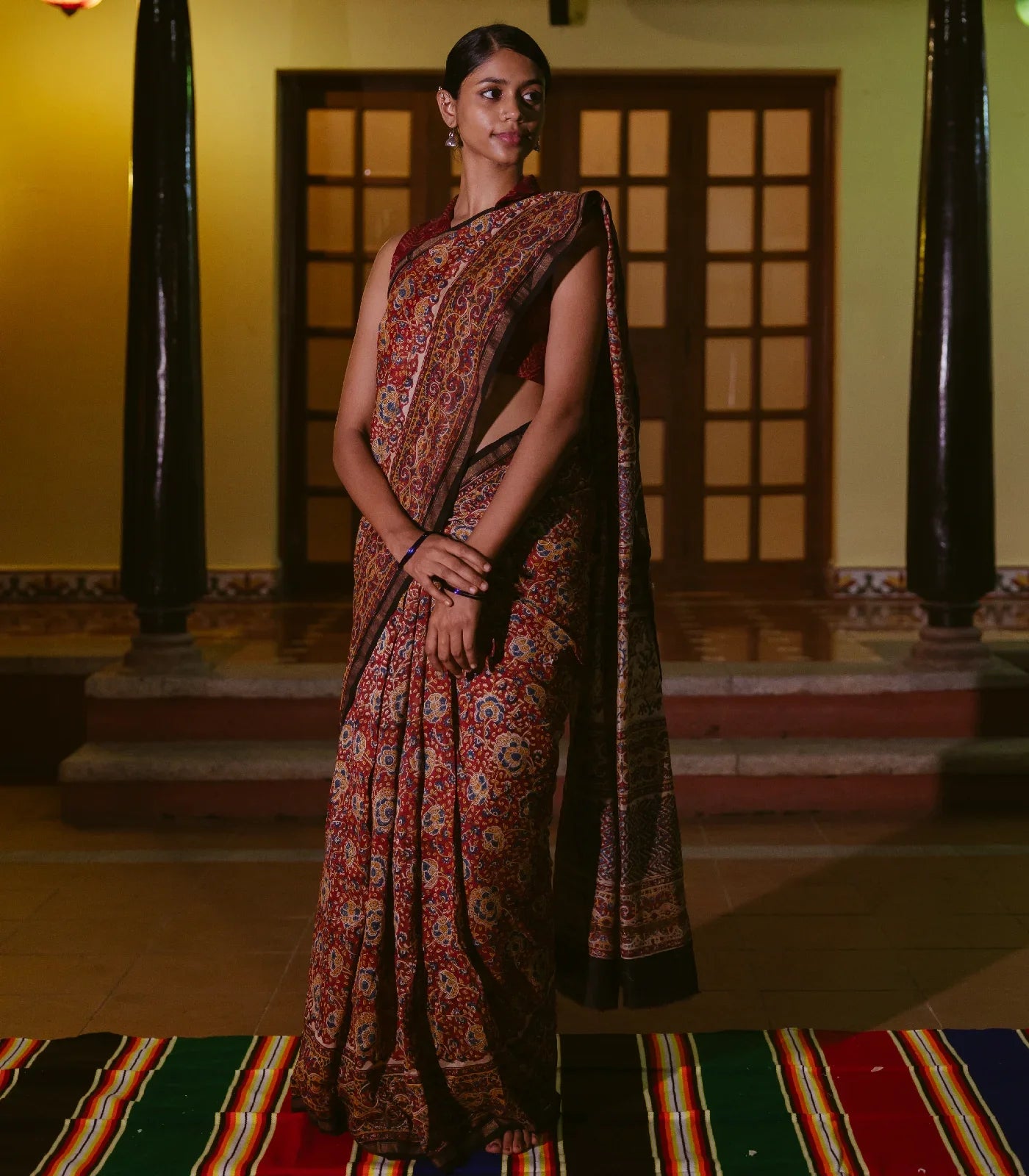 RmKV Brown Handloom Chanderi Cotton Saree With Kalamkari Style print