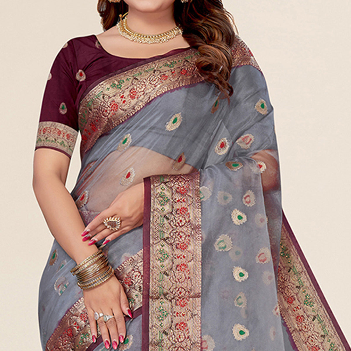 Peachmode Grey Woven Organza Saree With Tassels - view 2