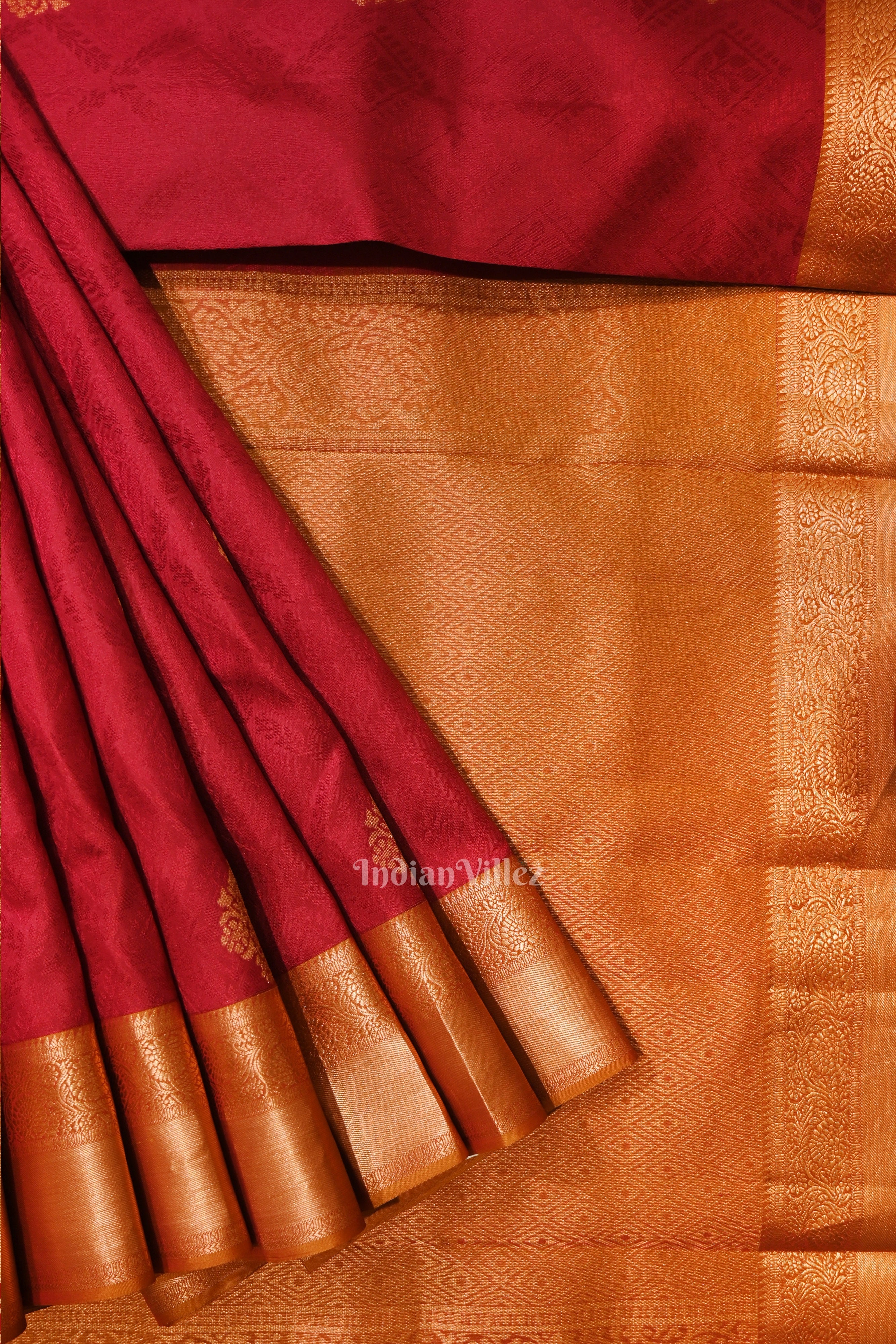 IndianVillèz Cherry Red Pure Kanjivaram Silk Saree with Zari Brocade