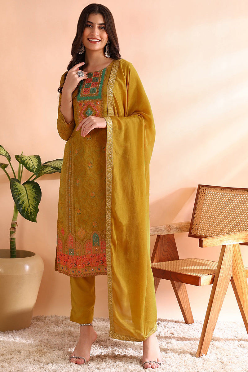 Ahika Mustard Yellow Silk Blend Abstract Woven Design Straight Trouser Bottom Suit Set PKSKD2583