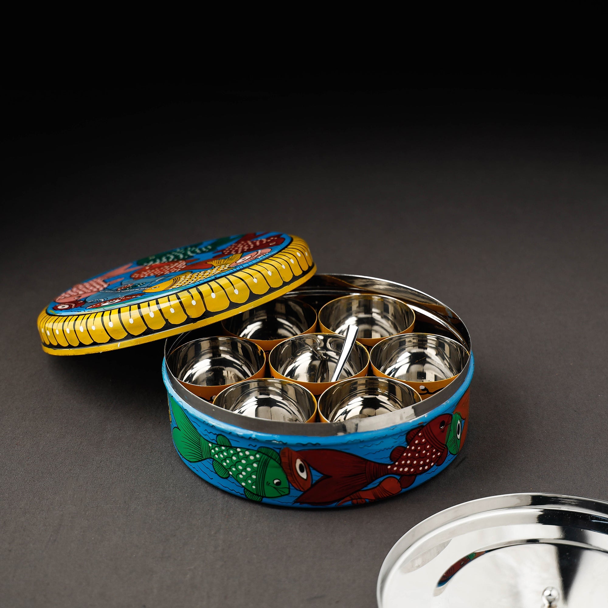 AAYAAS Blue - Bengal Patua Handpainted Stainless Steel Masala Box (7.5 x 7.5 in) - view 2