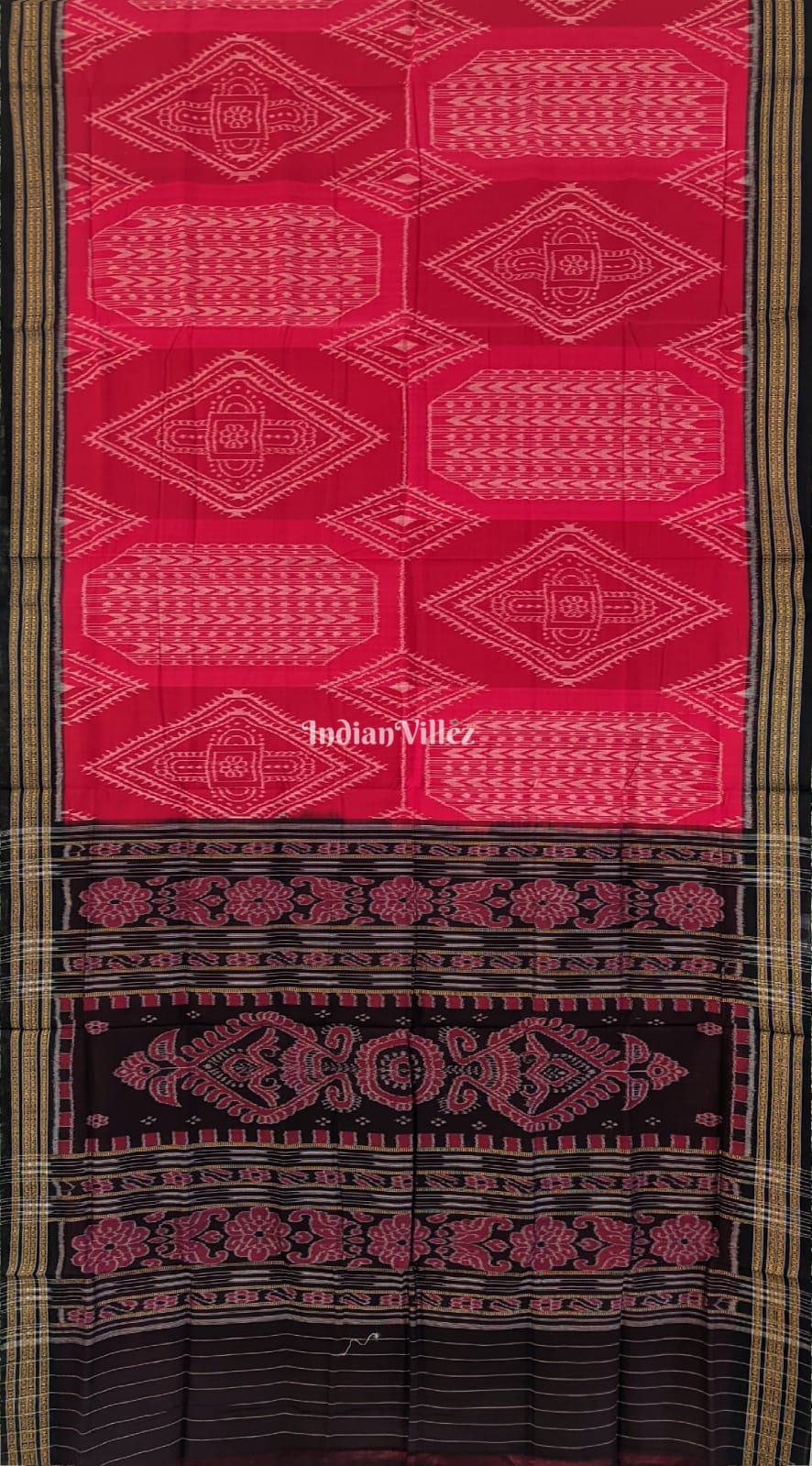 IndianVillèz Red Odisha Ikat Sambalpuri Pure Cotton Saree