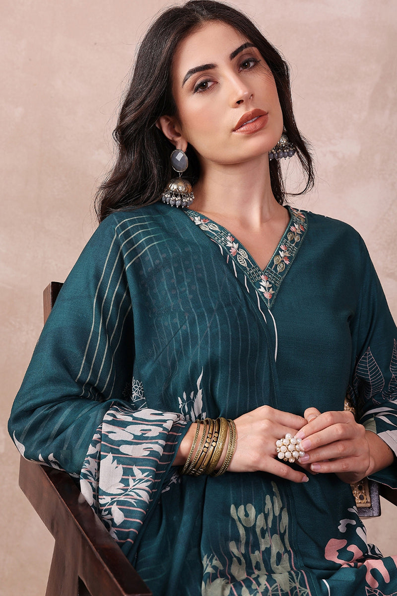Ahika Teal Blue Rayon Blend Abstract Printed Straight Trouser Bottom Suit Set PKSKD2547TIL - view 3
