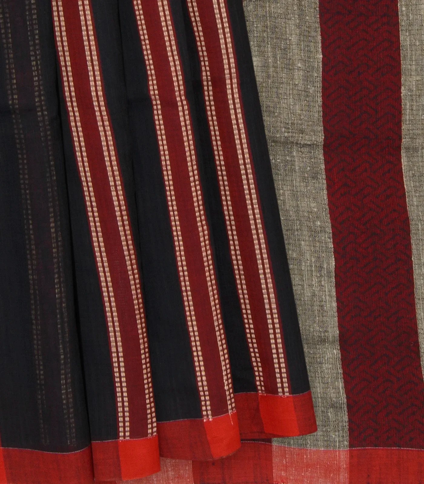 RmKV Black Handwoven Bengal Cotton Saree With Stripes & Maroon Pallu-Black
