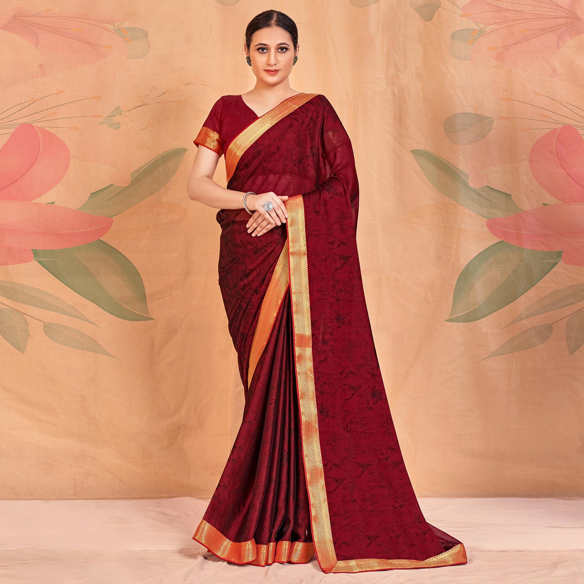 Peachmode Dark Red Casual Wear Printed Chiffon Saree With Banarasi Lace