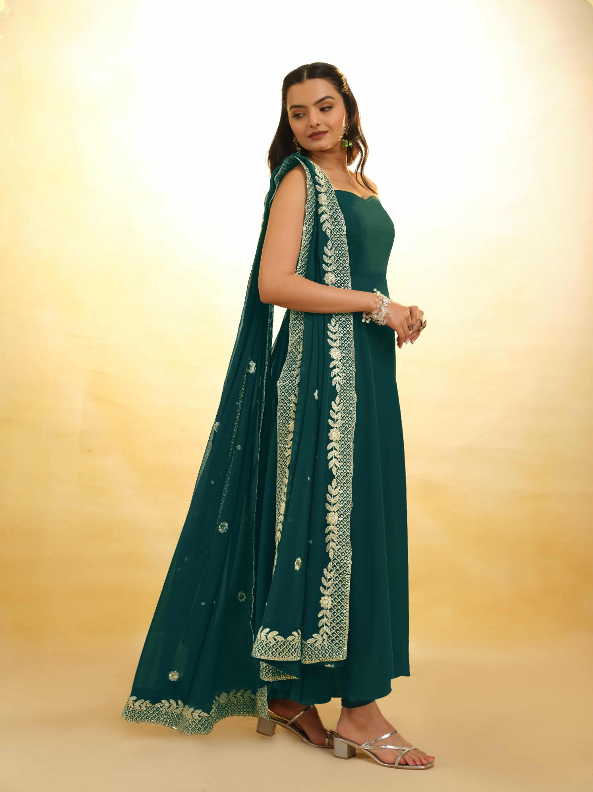 ClothsVilla Teal Color Stylish Turquoise Georgette Dress with Embroidery – Ready to Wear - view 3