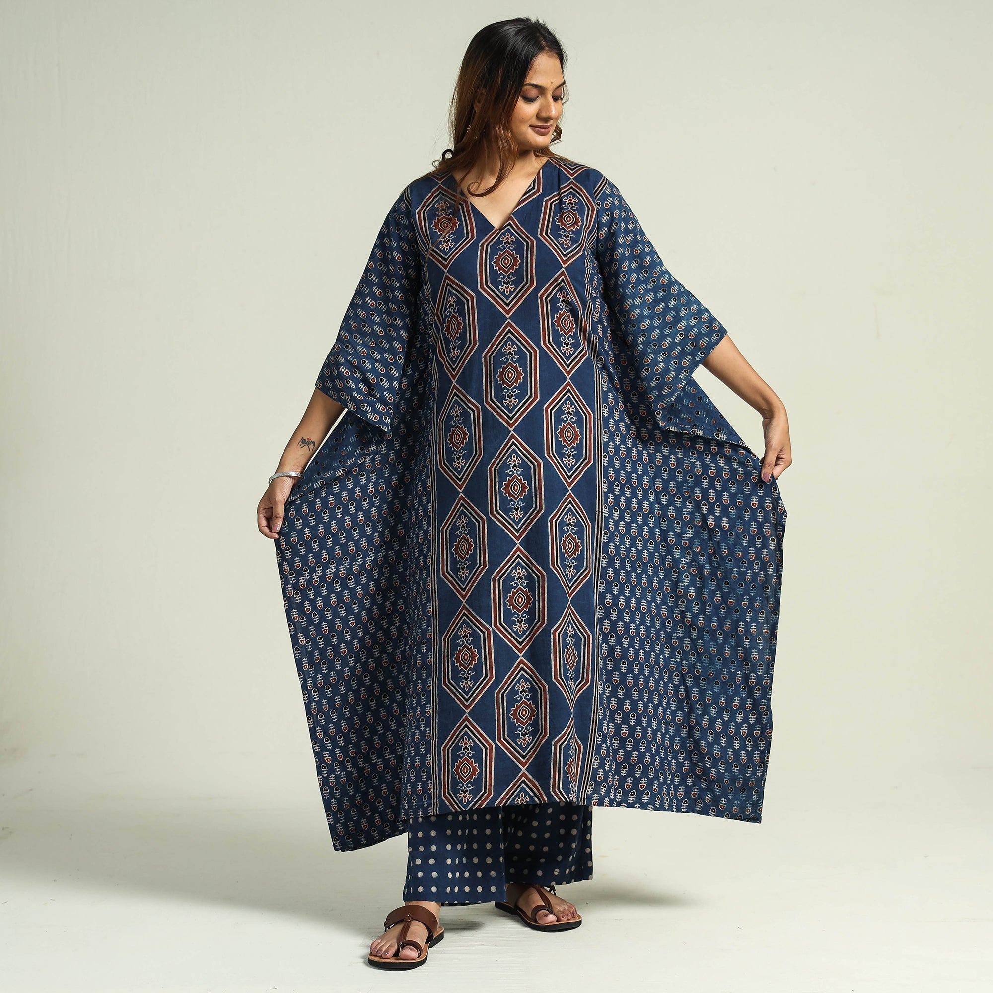 ITOKRI CASUALS Blue - Ajrakh Block Printed Cotton Kaftan with Palazzo & Dupatta Set - view 4