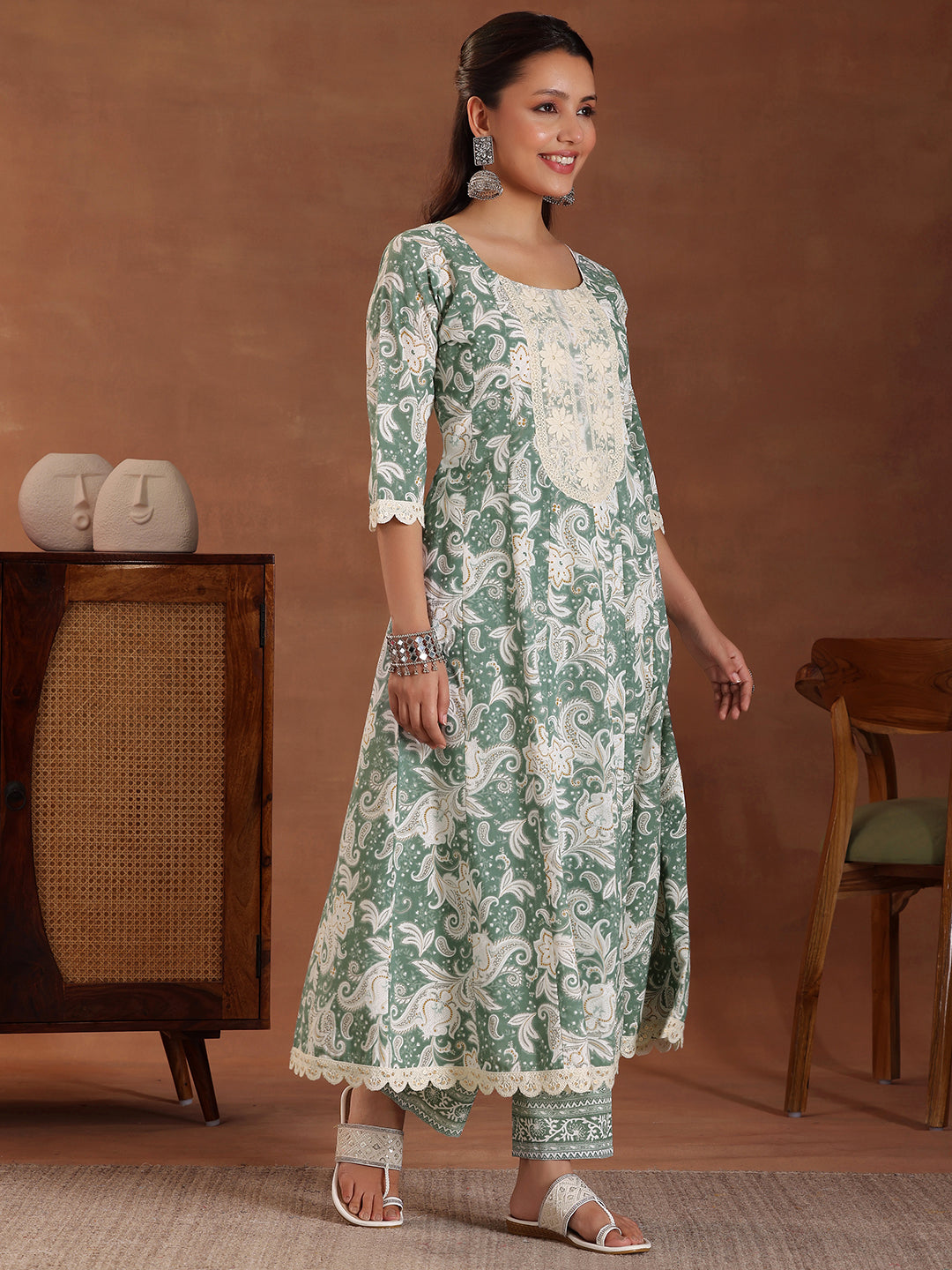 Libas Green Printed Cotton Anarkali Suit With Dupatta - view 2