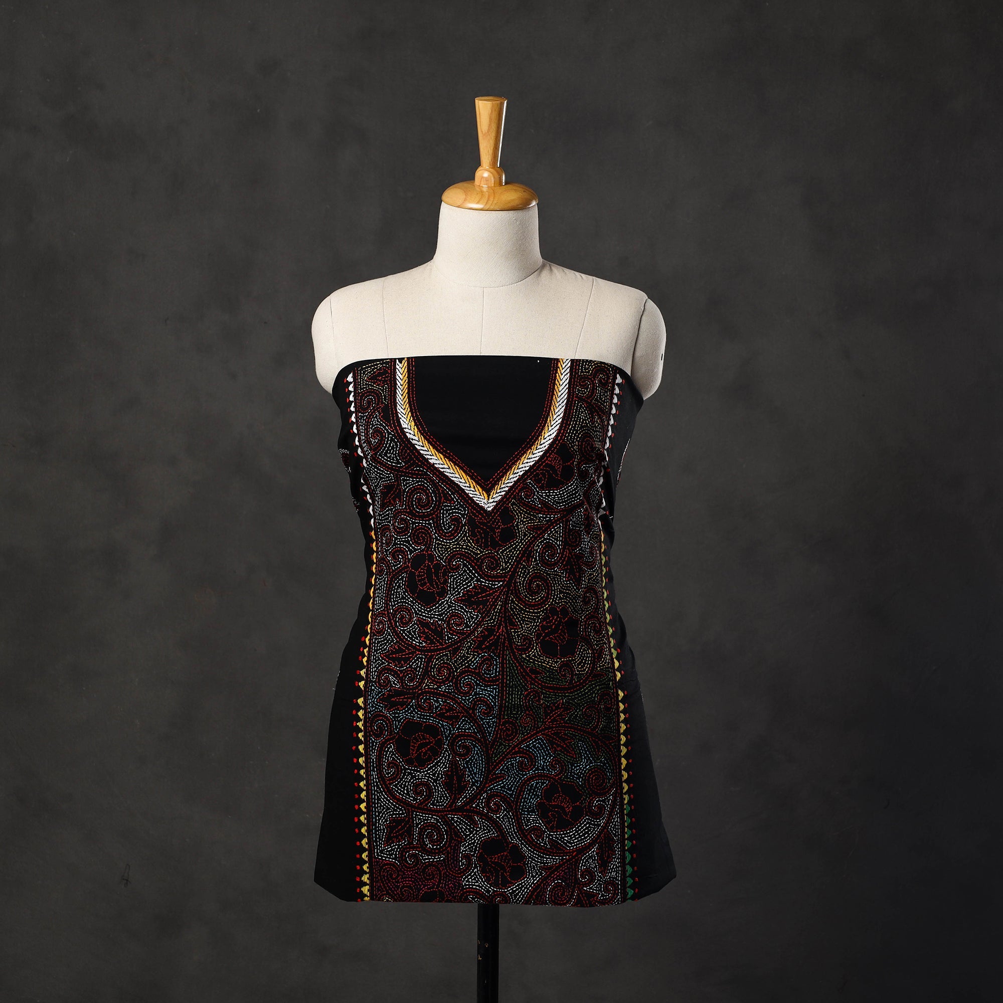 KHUSHBASH - HAPPY LOOM OF EAST Black - Bengal Kantha Embroidery Cotton Kurta Material - (2.75m) 22
