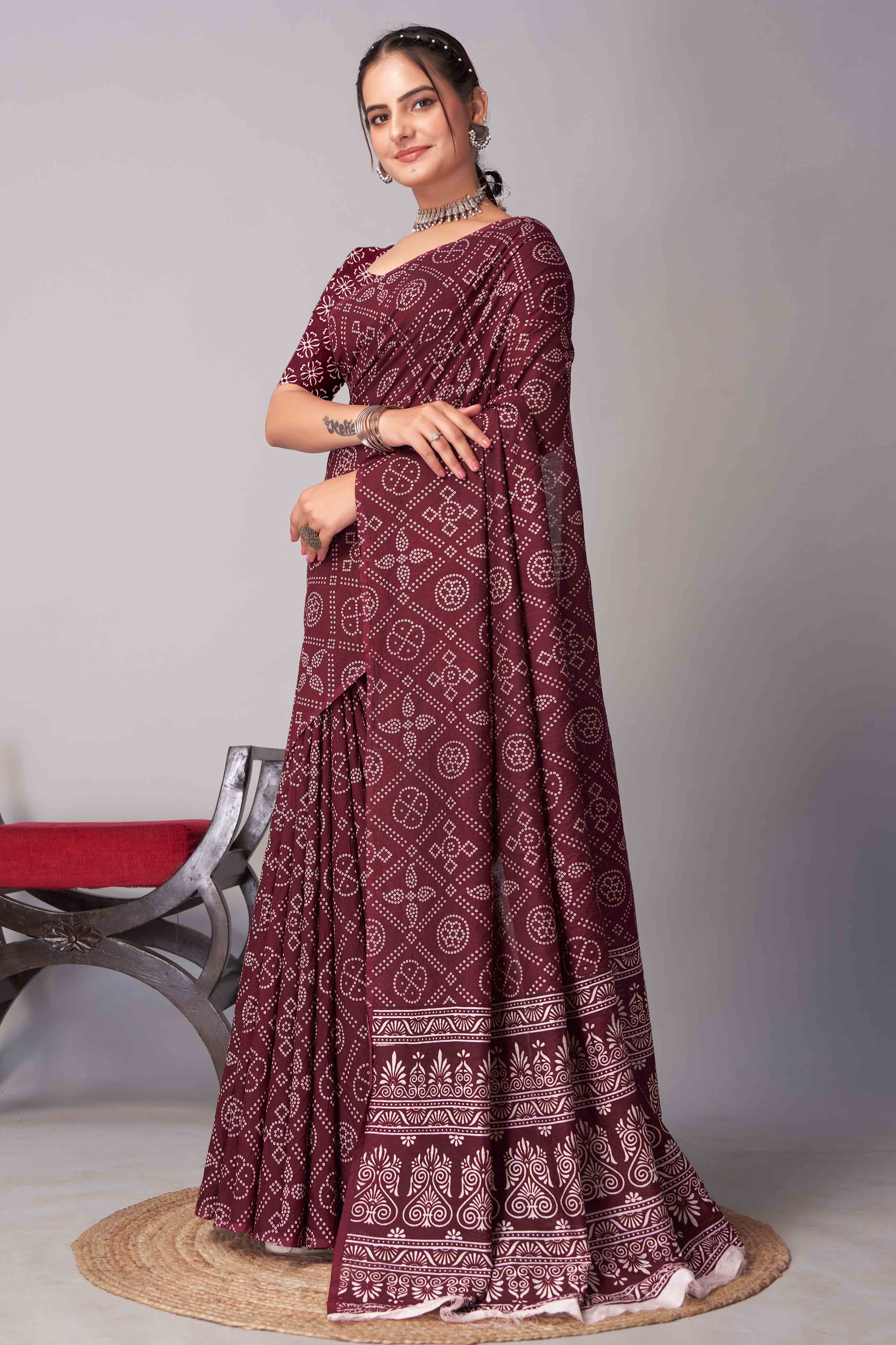 Peachmode Dark Maroon Ajrakh Printed Cotton Blend Saree - view 4